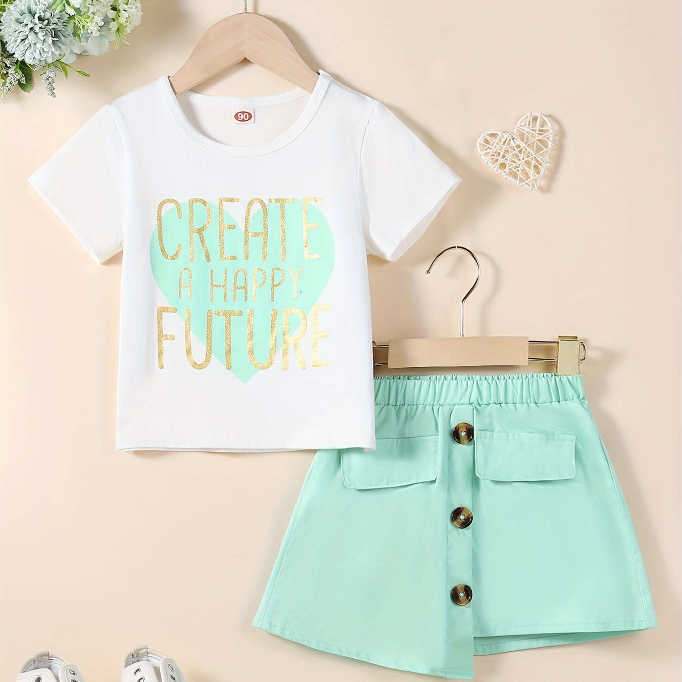 

2pcs Letter Print Round Neck Short Long Sleeve T-shirt & Skirt Set, Comfy Outfits For Girls Sports Summer Clothes