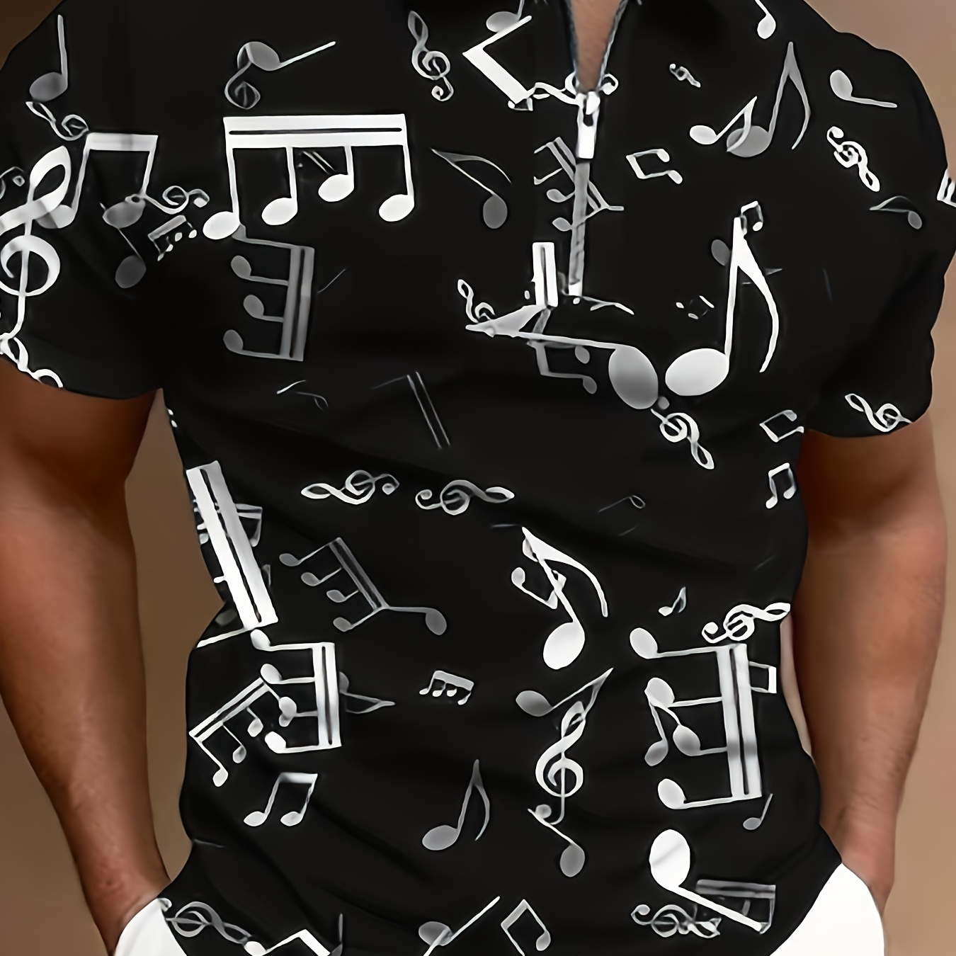 

Music Notes Full Print Men's Chic Daily Short Sleeve Zipper Lapel Shirt For Summer Holiday Party Festival