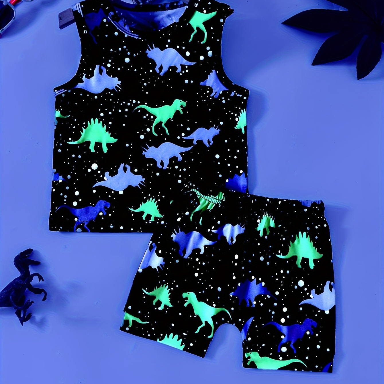 

Baby Boys' 2-piece Set, Glow-in-the-dark Cartoon Dinosaur Print, Sleeveless Round Neck Vest And Shorts Outfit, Casual Summer Toddler Clothing