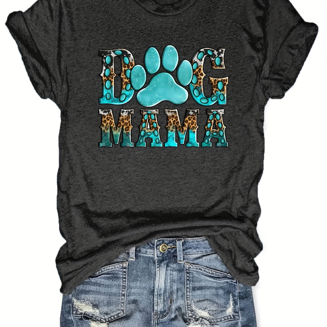 

Dog Mama Print T-shirt, Casual Crew Neck Short Sleeve Top For Spring & Summer, Women's Clothing