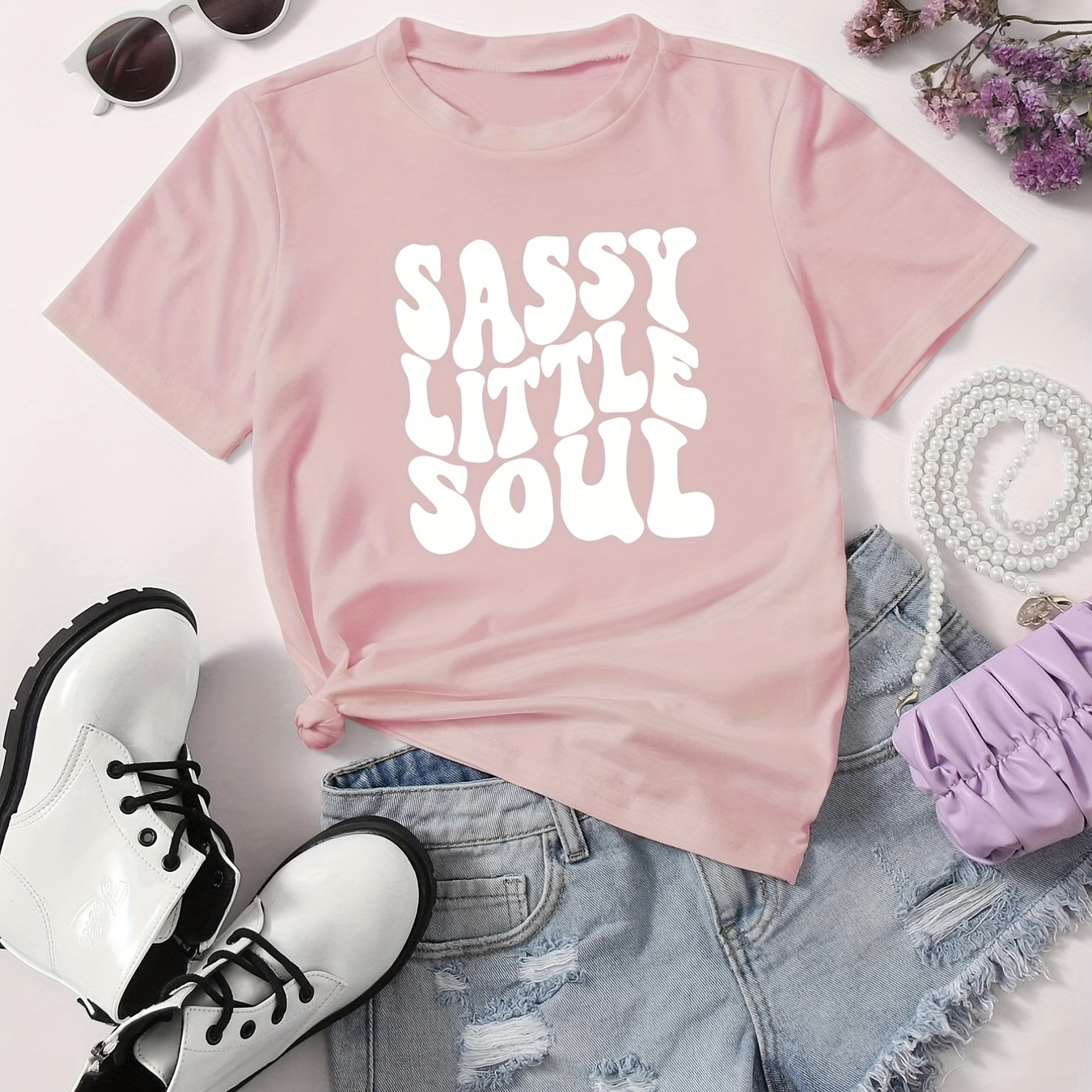 Girls Trend ''Sassy Little Soul'' Letter Print T-Shirt Comfort Fit Short Sleeve Casual Tees Summer Tops Clothes