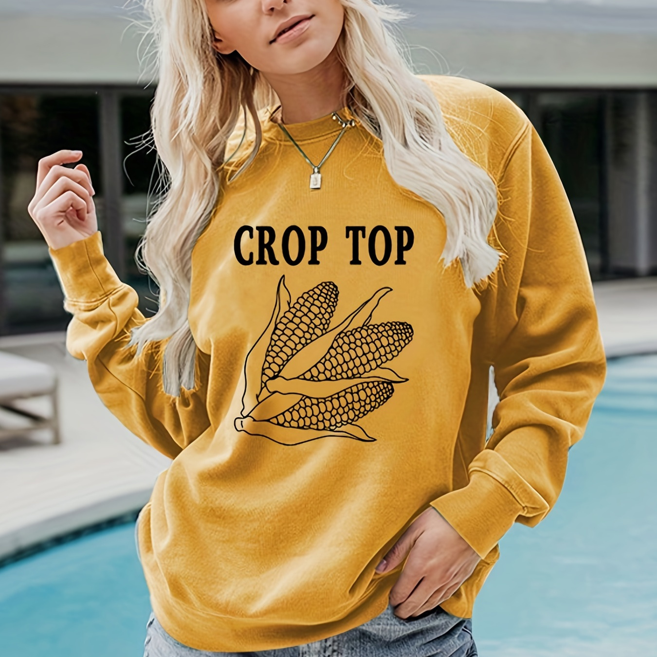 Corn Print Pullover Sweatshirt, Casual Long Sleeve Crew Neck Sweatshirt For Fall & Winter, Women's Clothing