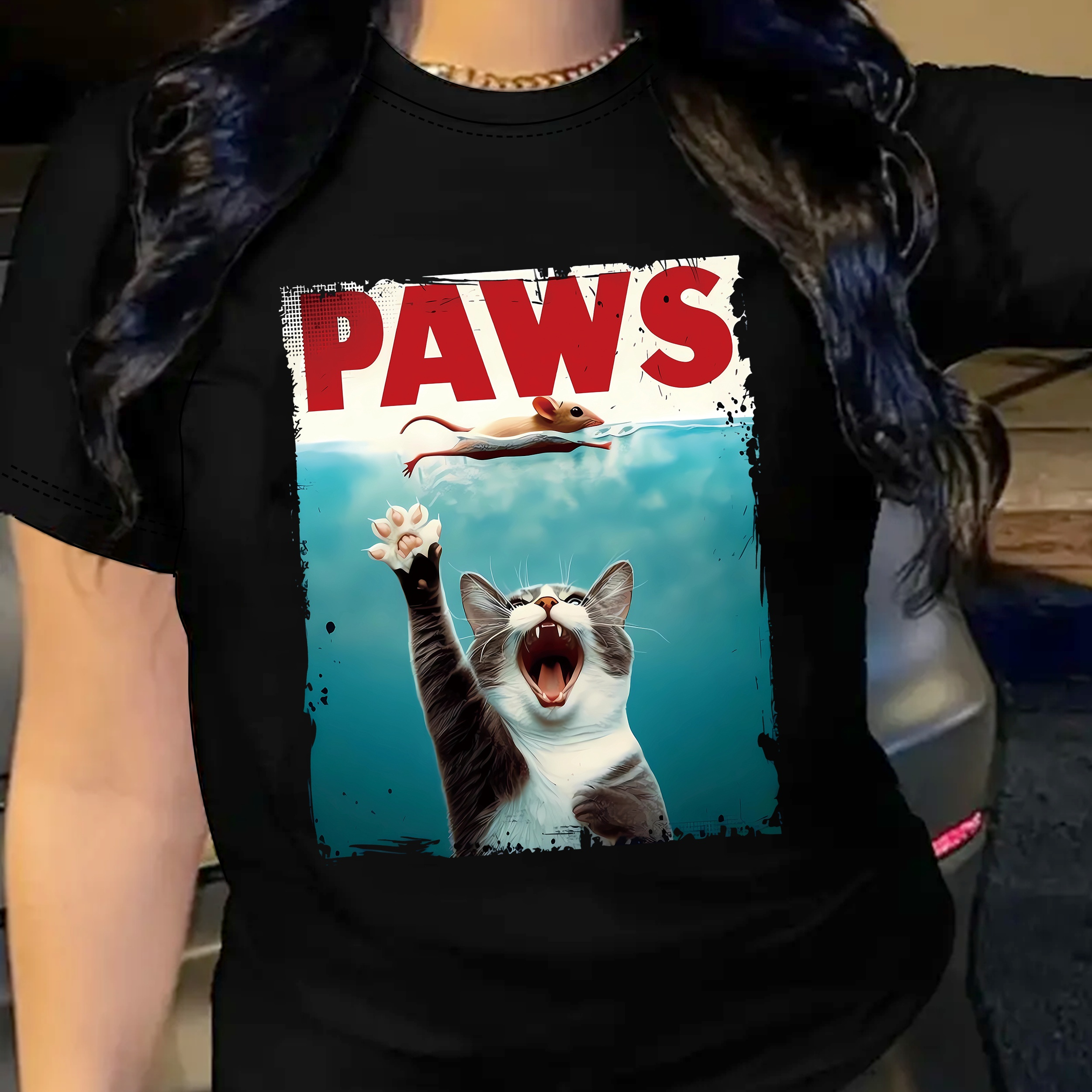 

Paws Neck T-shirt, Casual Short Sleeve T-shirt For , Women's Clothing