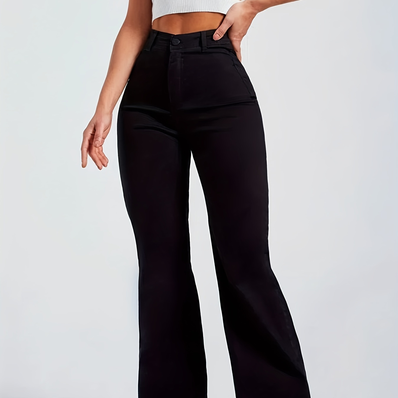 

Black Raw Hem Flare Jeans, Medium Strech Zipper Button Closure Solid Color Denim Pants With Patch Pockets, Elegant Causal Vintage Style, Women's Denim Jeans & Clothing