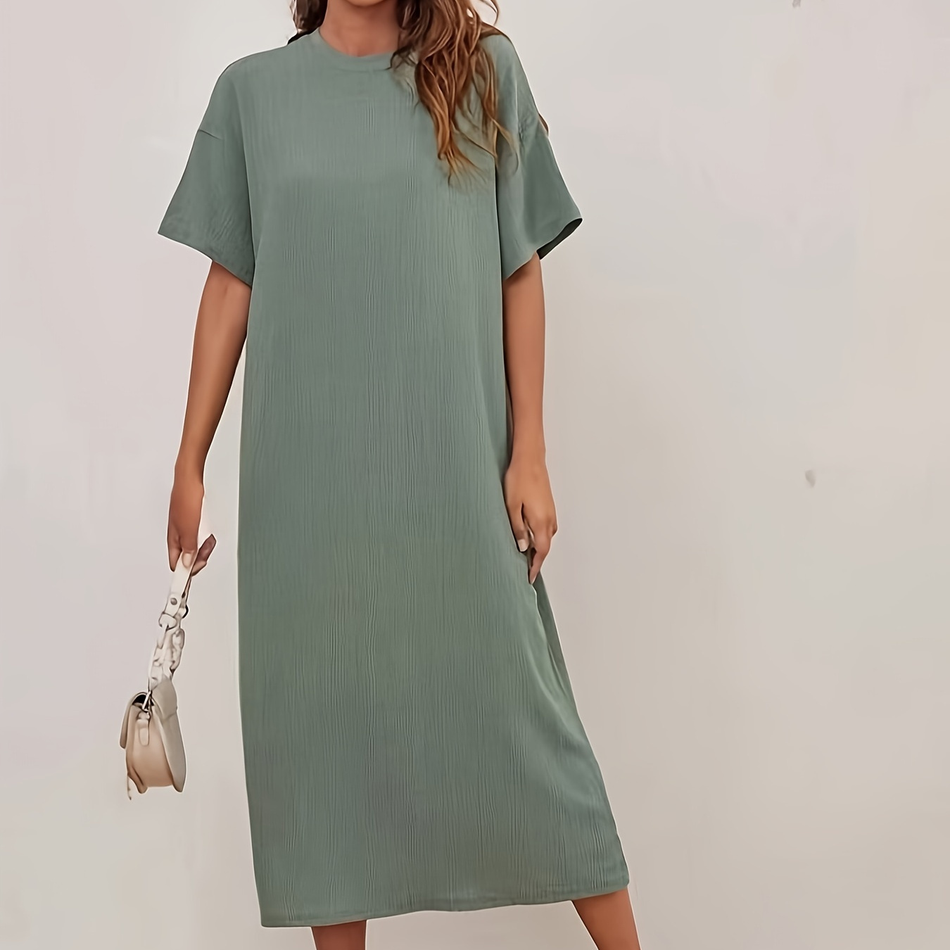 

Solid Color Crew Neck Dress, Casual Short Sleeve Midi Dress For Spring & Summer, Women's Clothing