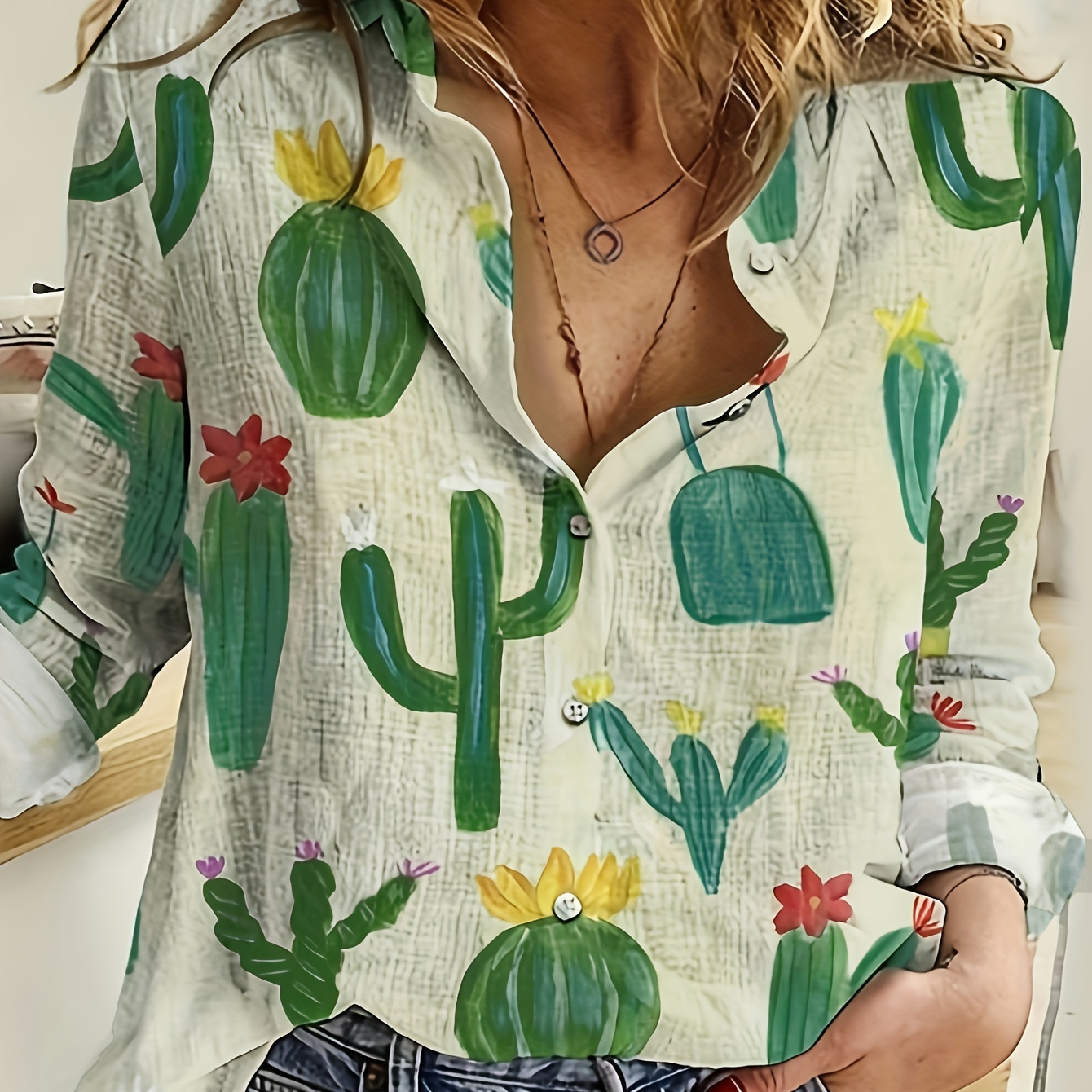 

Cactus Print Button Up Shirt, Casual Long Sleeve Collared Shirt For Spring & Fall, Women's Clothing
