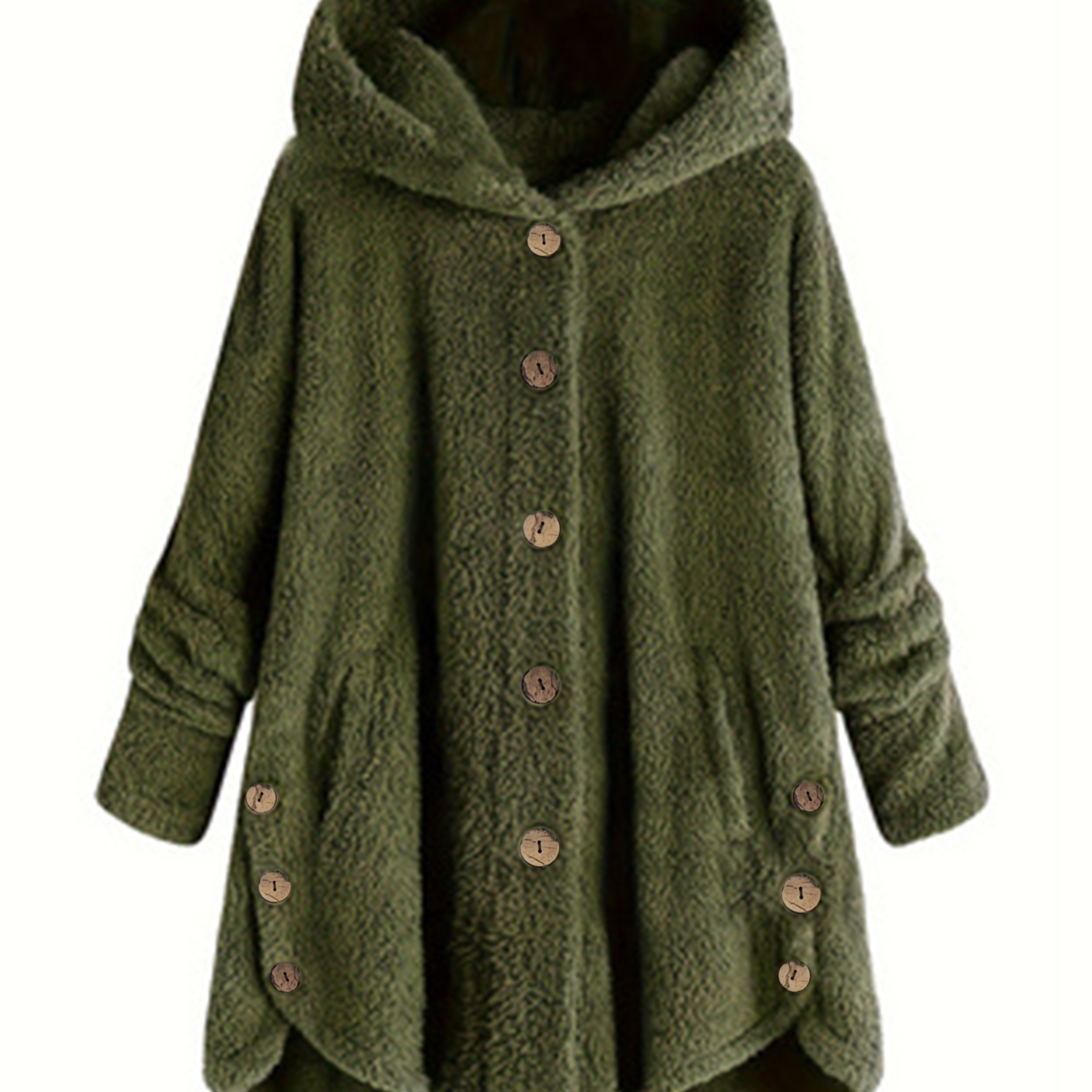 

Button Front Hoodie Teddy Coat, Casual Long Sleeve Fluffy Coat For Fall & Winter, Women's Clothing