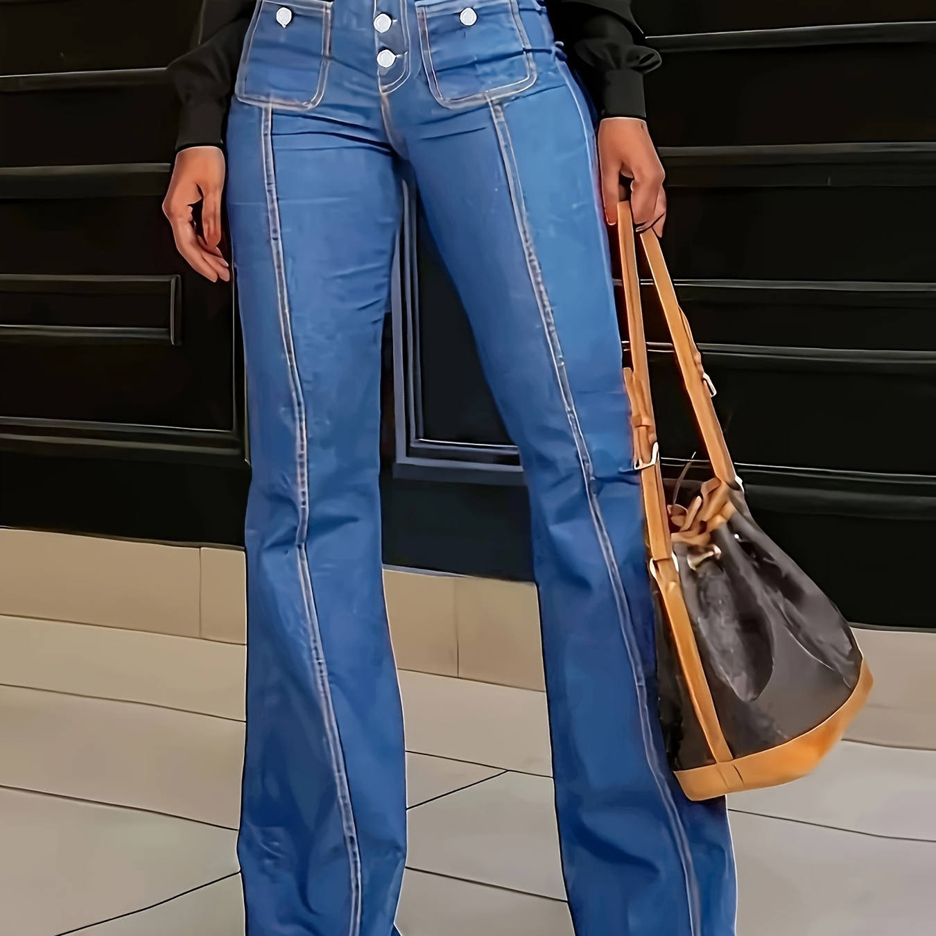 

Jean à jambe évasée taille haute à bouton unique, pantalon en denim à plis pincés extensible de style Y2K, jeans en denim et vêtements pour femmes