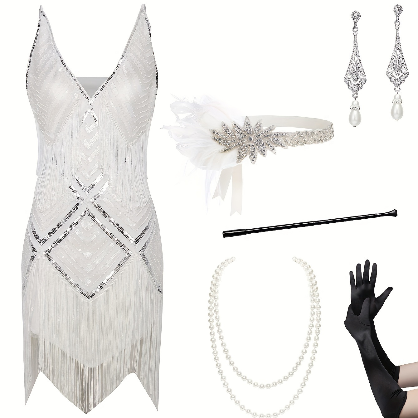 

Women's 1920s Flapper Dress, V-neck Sequin Beaded Tassel Slip, Roaring 20s Great Party Costume With Accessories Set