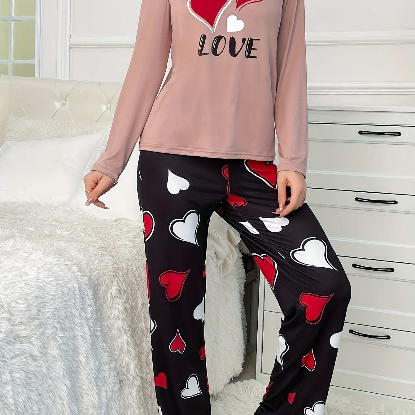 

Cozy Fall/ Heart Print Pajama Set For Women - Long Sleeve Top And Long Pants - Adult Size - Polyester - Relaxed Style - Home Or Sleep