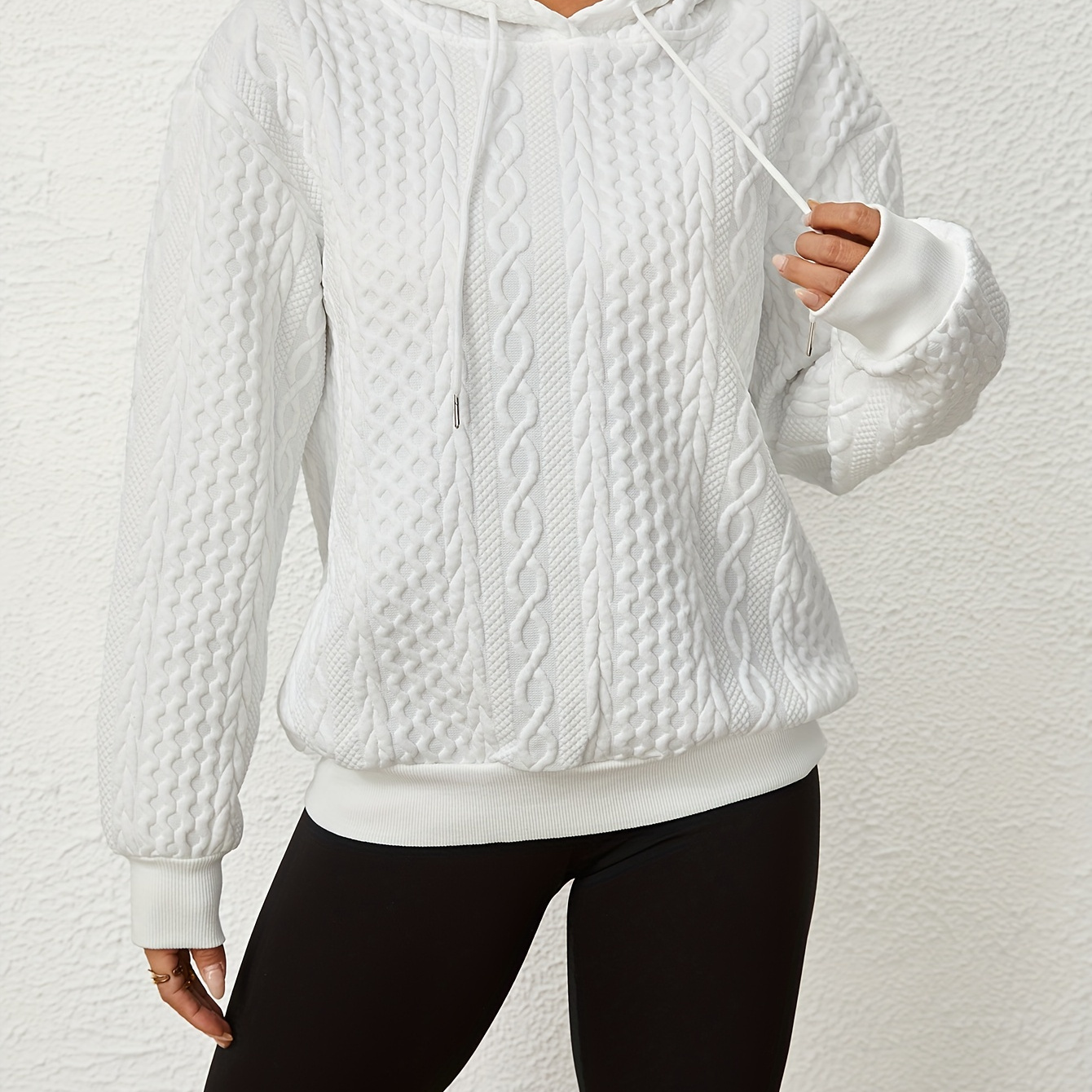 

Solid Textured Drawstring Hoodies, Casual Long Sleeve Versatile Sweatshirt, Women's Clothing