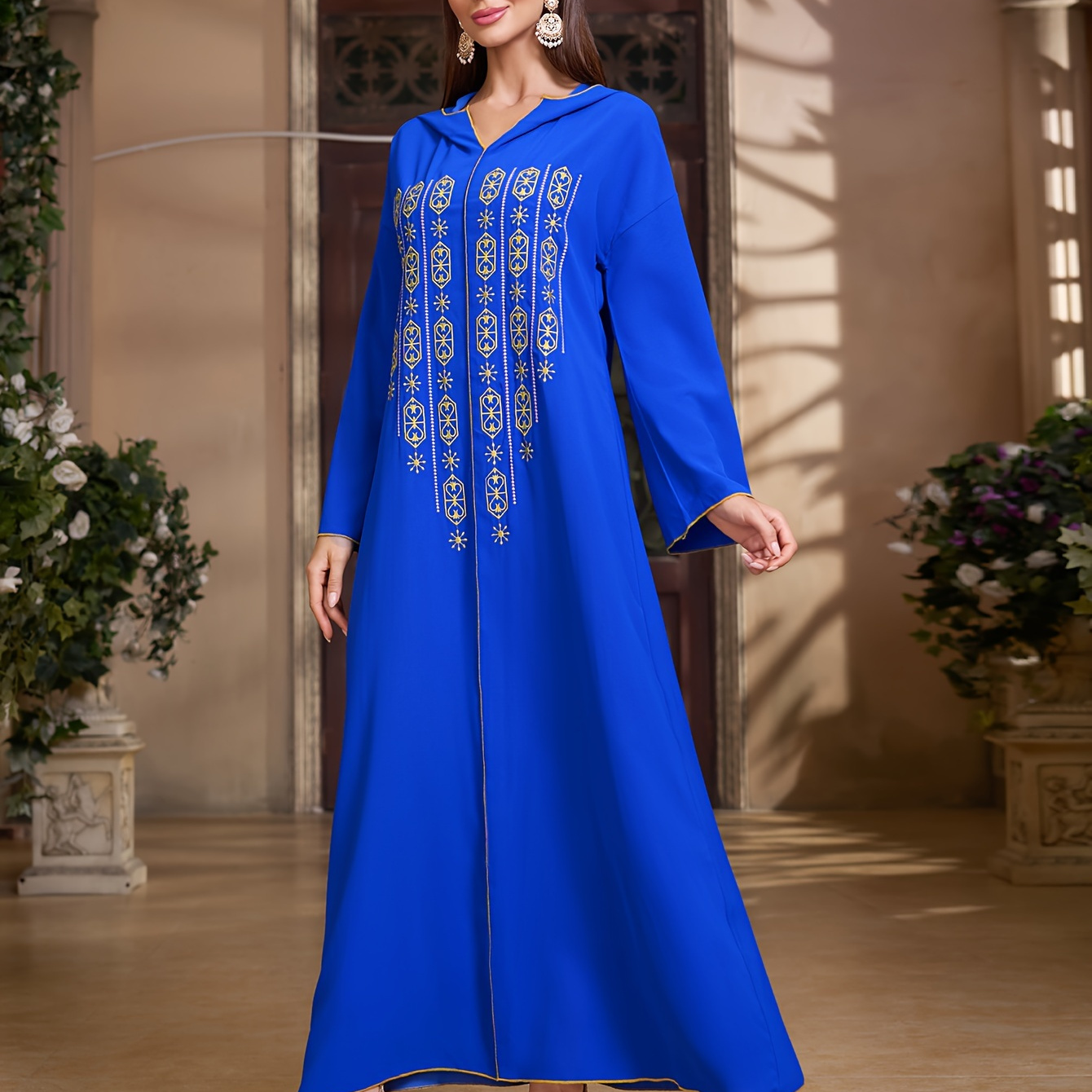 

Embroidered Hooded Midi Dress, Elegant Long Sleeve Loose Dress, Women's Clothing