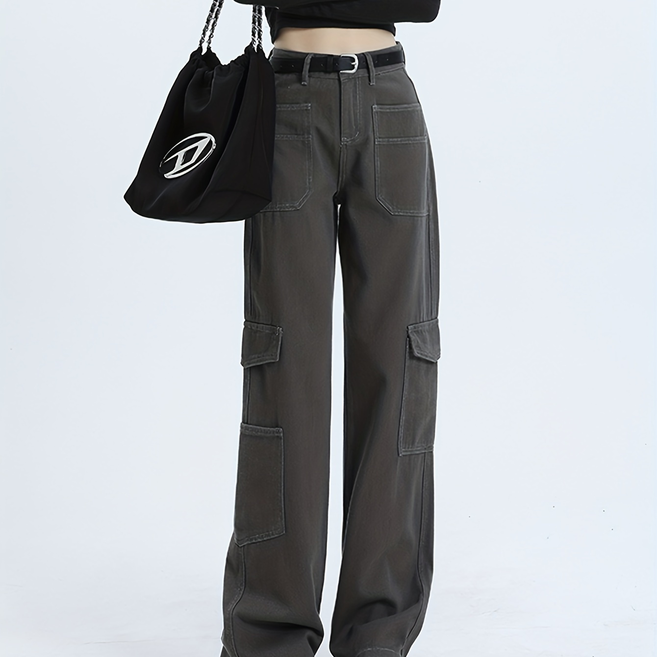 Dark Grey High Waist Straight Jeans Loose Fit Flap Pockets - Temu Canada