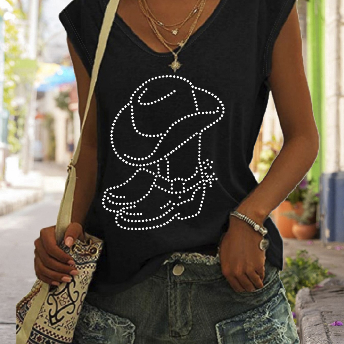 

Rhinestone Boots Tank Top, Cap Sleeve Casual Top For Summer & Spring, Women's Clothing