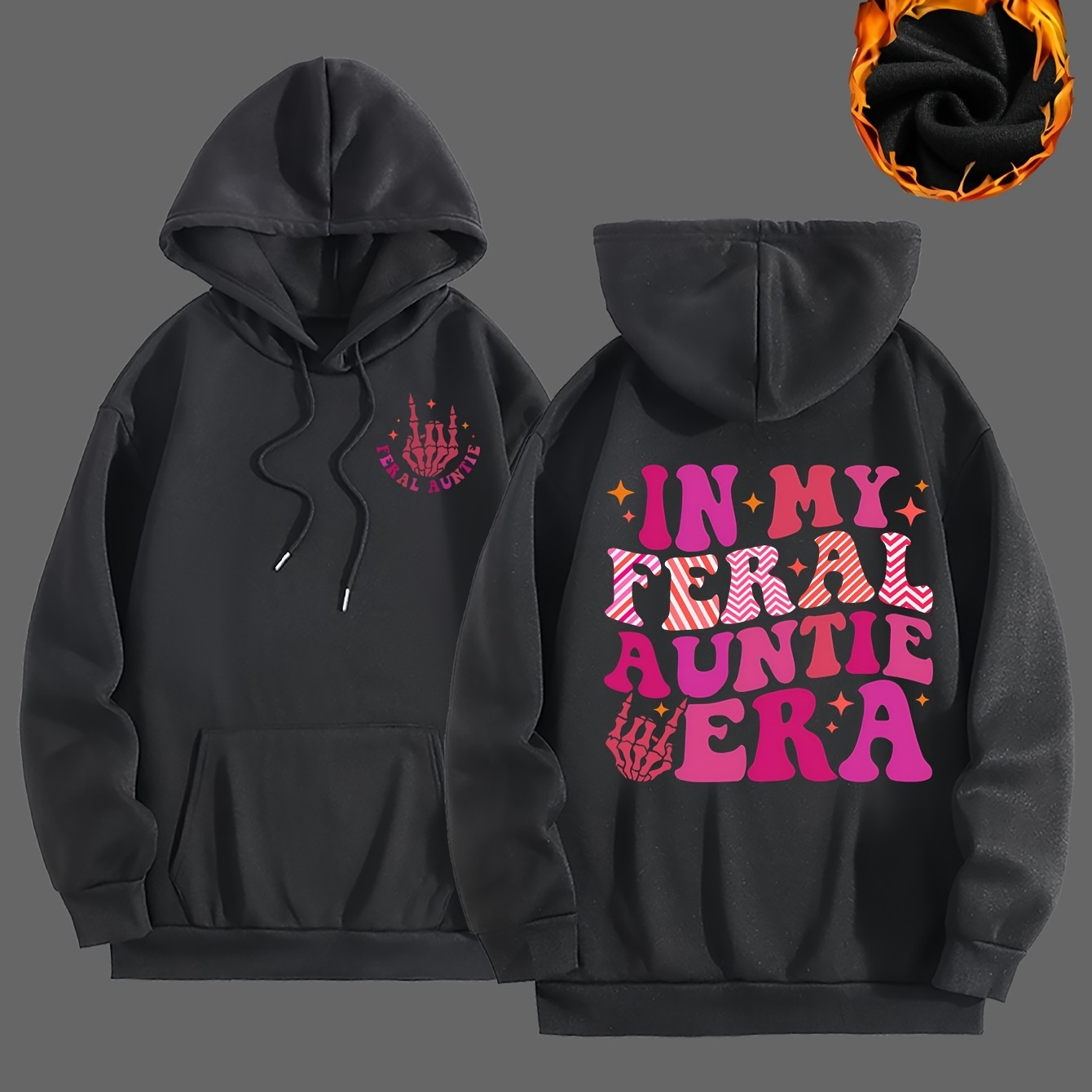 

Feral Auntie Era Letter Print Hoodie With Skull Design, Personalized Embroidered Sweatshirt, Casual Pullover With Hood, Knit Fabric, All-season Soft Polyester, Long Sleeve With Pocket