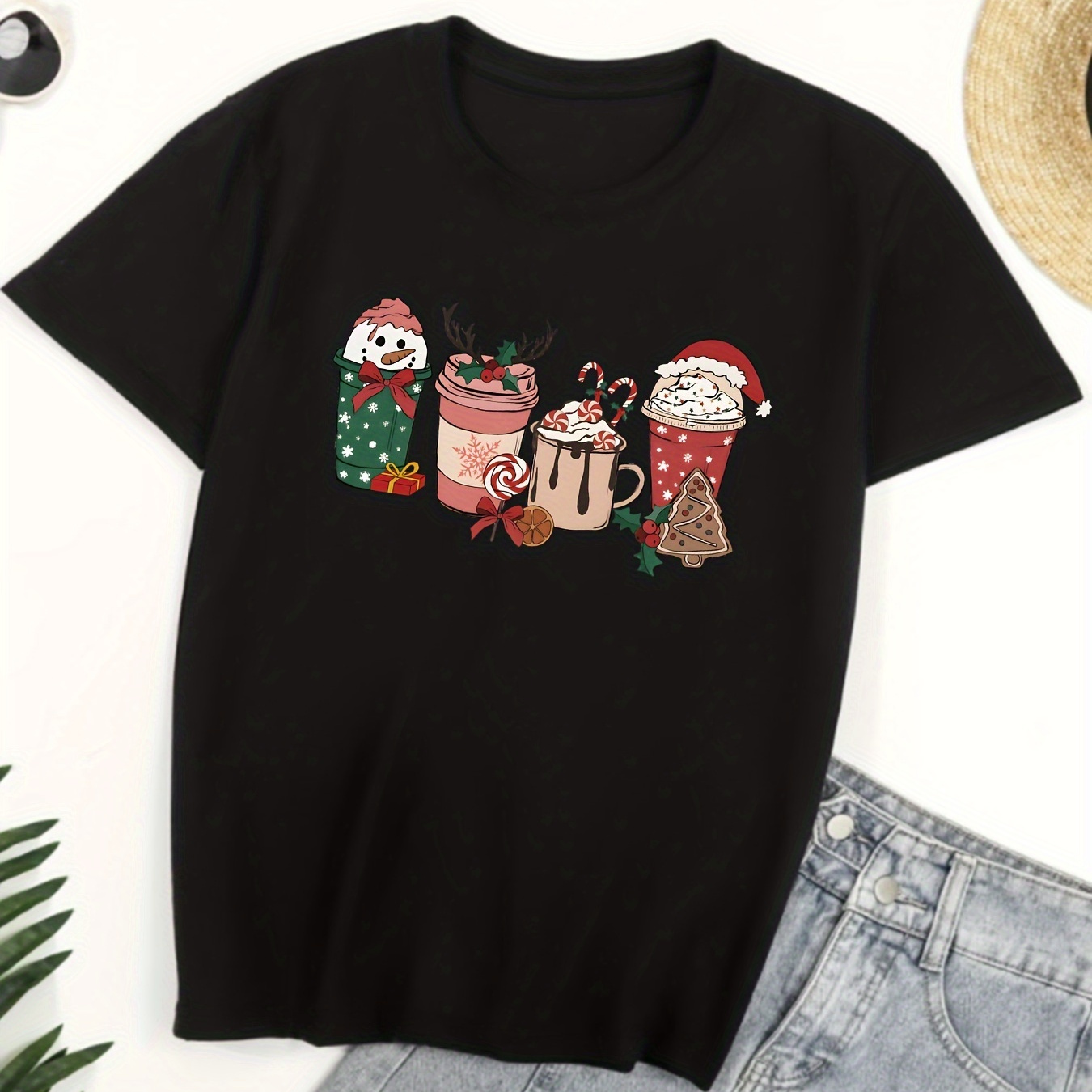 

Christmas Coffee Print T-shirt, Casual Crew Neck Short Sleeve Top, Women's Clothing