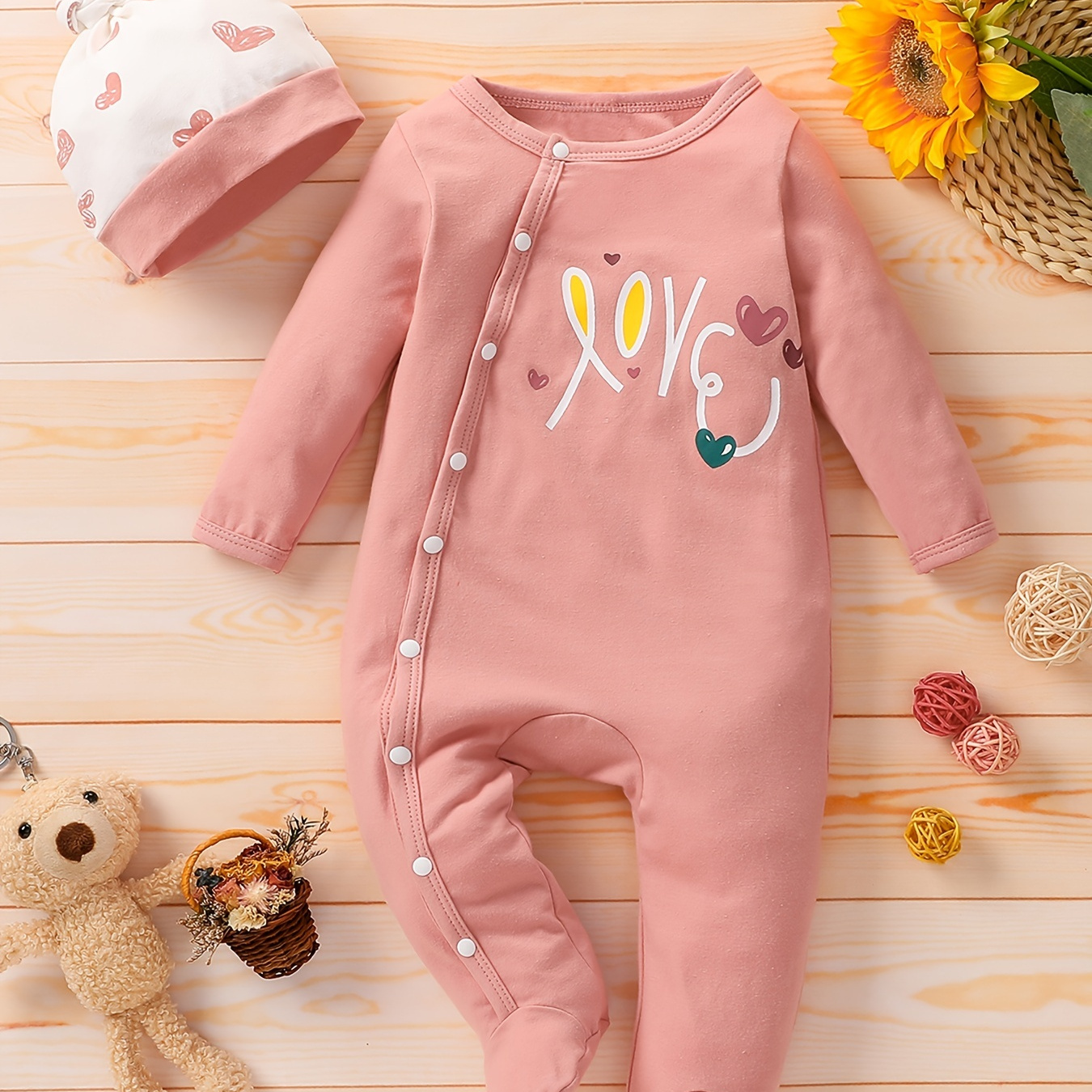 

Patpat 2pcs Baby Girl Casual Round Neck Long-sleeve Love Heart Print Footed Jumpsuit With Hat Set For Spring & Autumn/fall