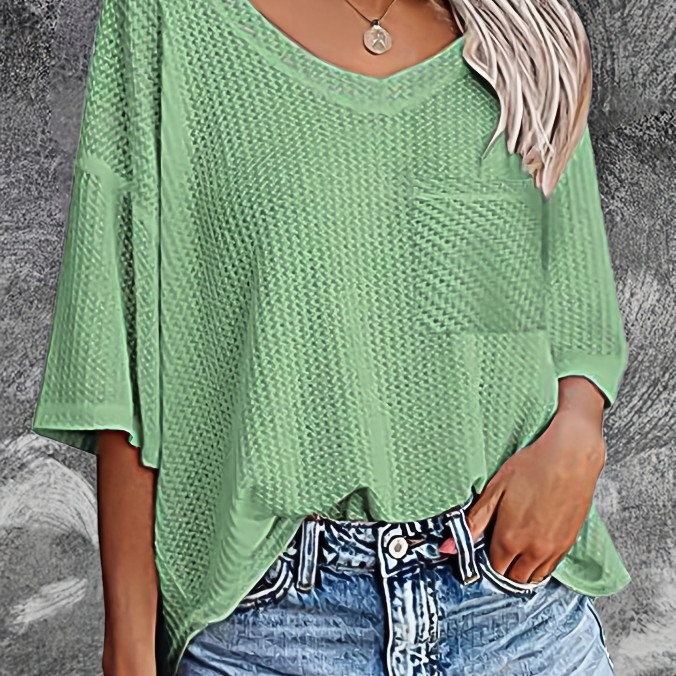 

V Neck Waffle Knit T-shirt, Vacation Casual Top, Women's Clothing