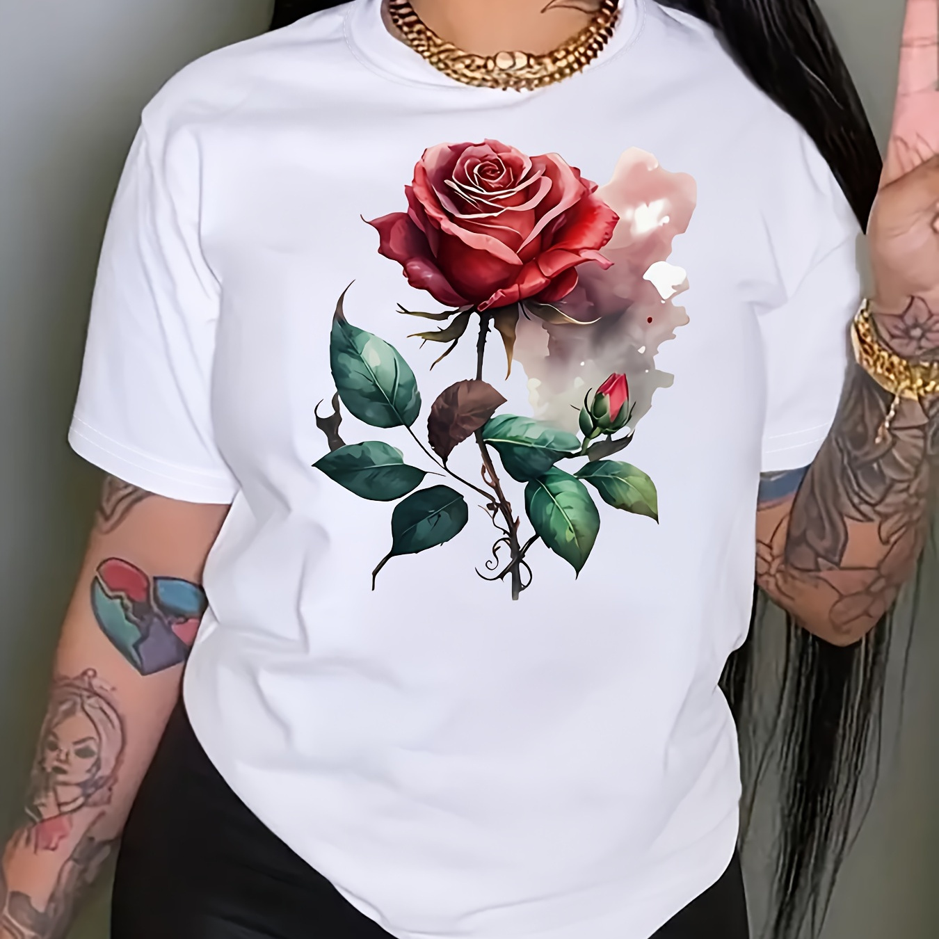 

Women's Casual Rose Print T-shirt With Crew Neck - Polyester Blend With Spandex And Rayon, Slight Stretch, Knit Fabric, Regular Length, Short Sleeves, Pullover Style - Floral Pattern Tee For