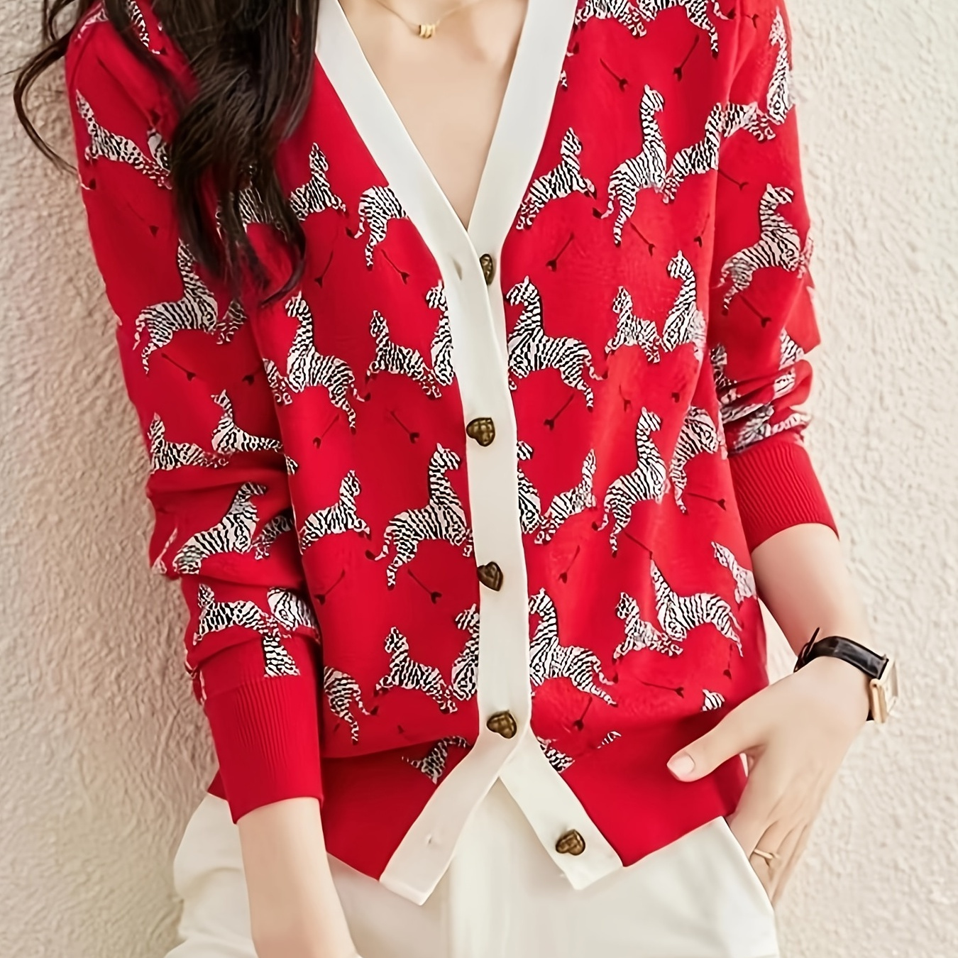 Long Sleeve Cardigan, Animal Graphic V Neck Button Up Casual Outerwear For Spring & Fall, Women's Clothing