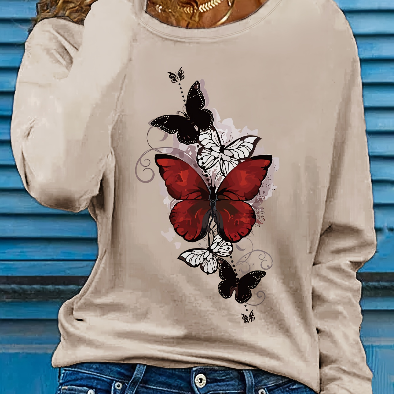 

T-shirt, Long Sleeve Crew Neck Casual Top For Spring & Fall, Women's Clothing