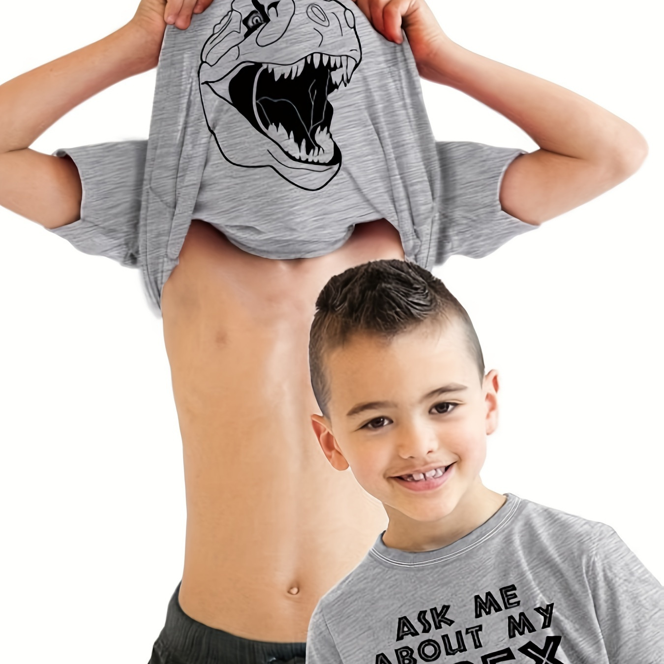 

Ask Me About My T-rex Print Tee, Boys Casual & Trendy Crew Neck Short Sleeve T-shirt, Boys Clothes For Summer