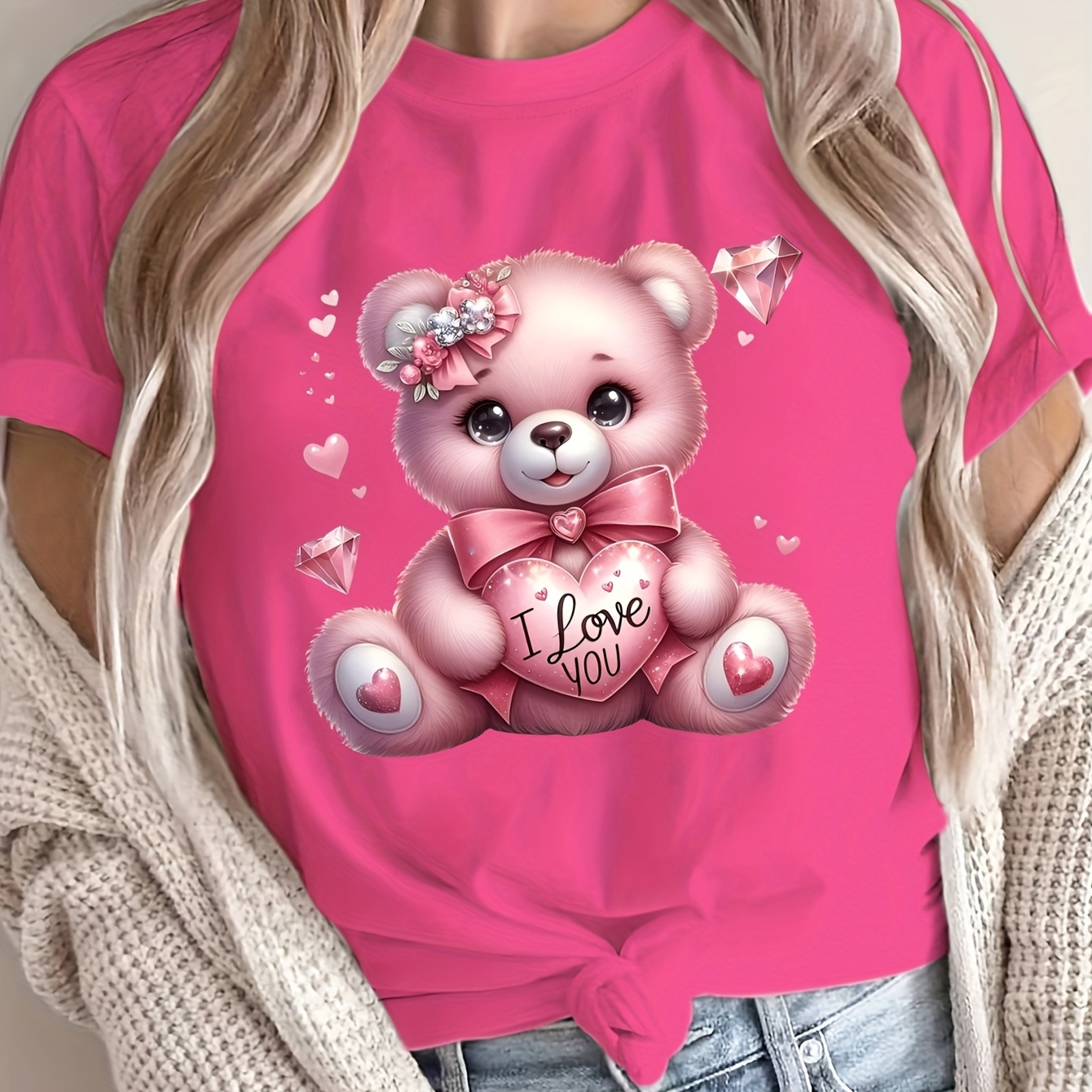 

Women's Cute Teddy T-shirt, 100% Polyester Crew Neck, Regular Length, Casual Knit Fabric, Breathable & Comfortable, Anime Style Top