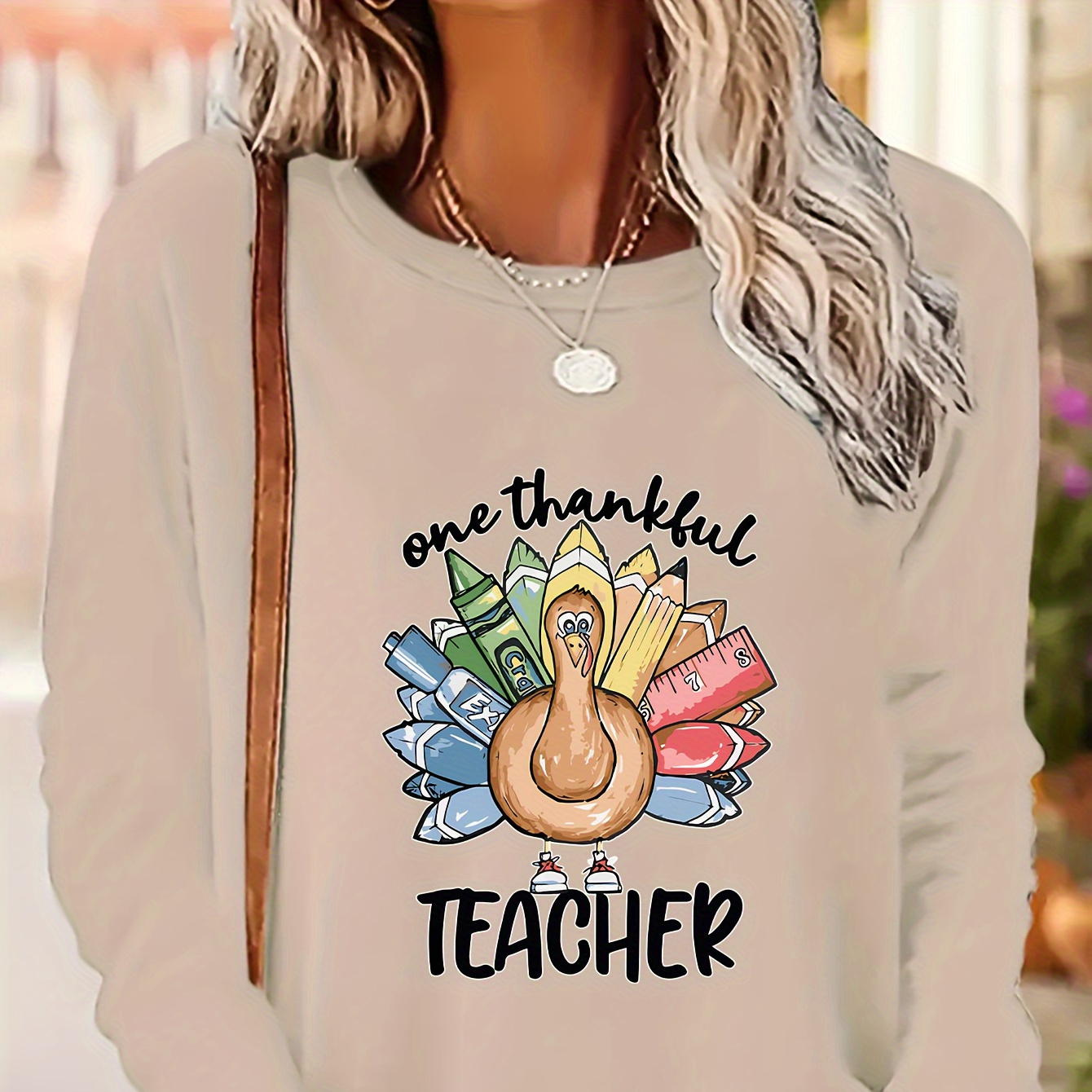 

Thanksgiving Theme Turkey Applique Graphic Crew Neck Long Sleeve T-shirt | 100% Polyester Casual Knit Top | Teacher Appreciation Tee