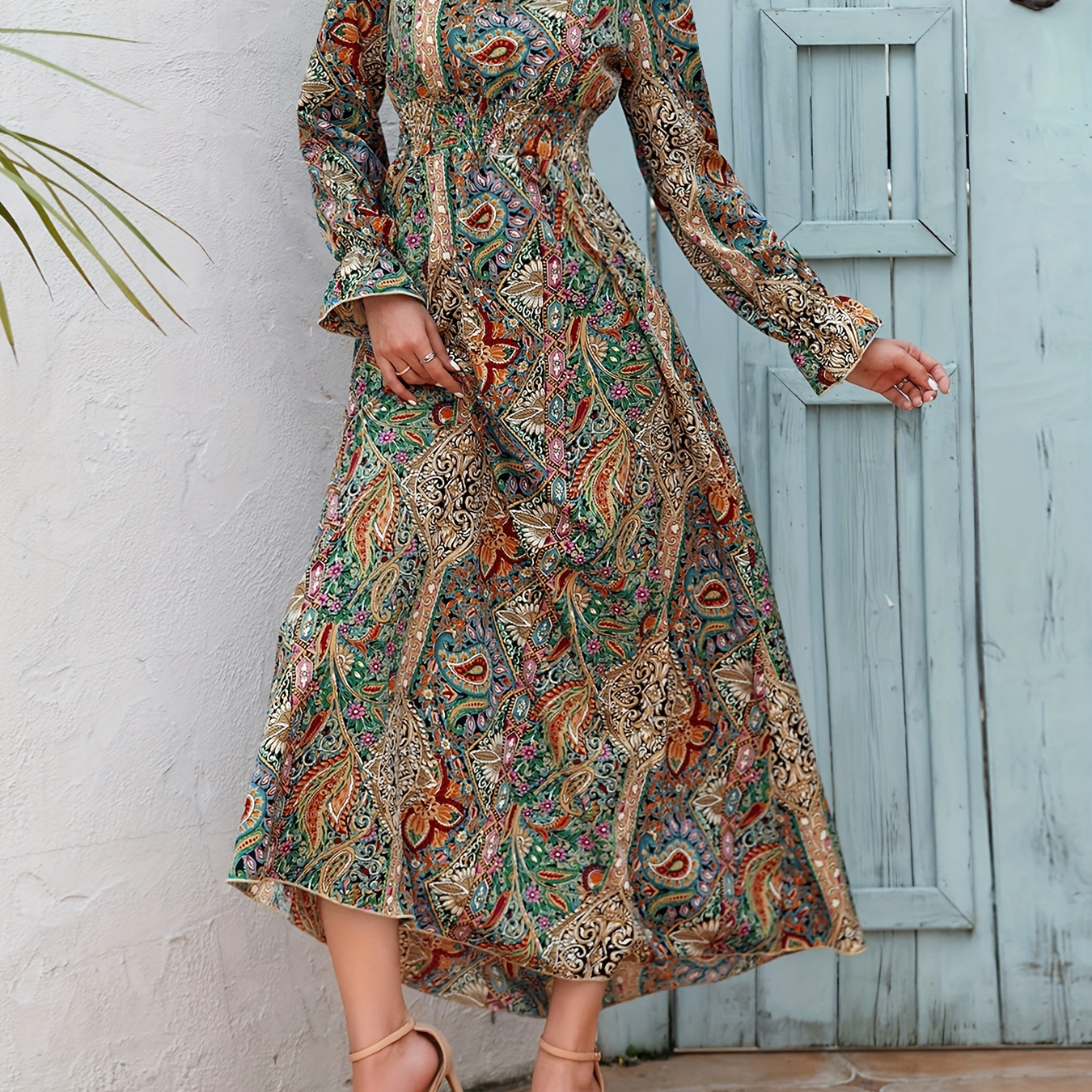 

Paisley Print Shirred Waist A-line Dress, Elegant V Neck Long Sleeve Dress For Spring & Fall, Women's Clothing