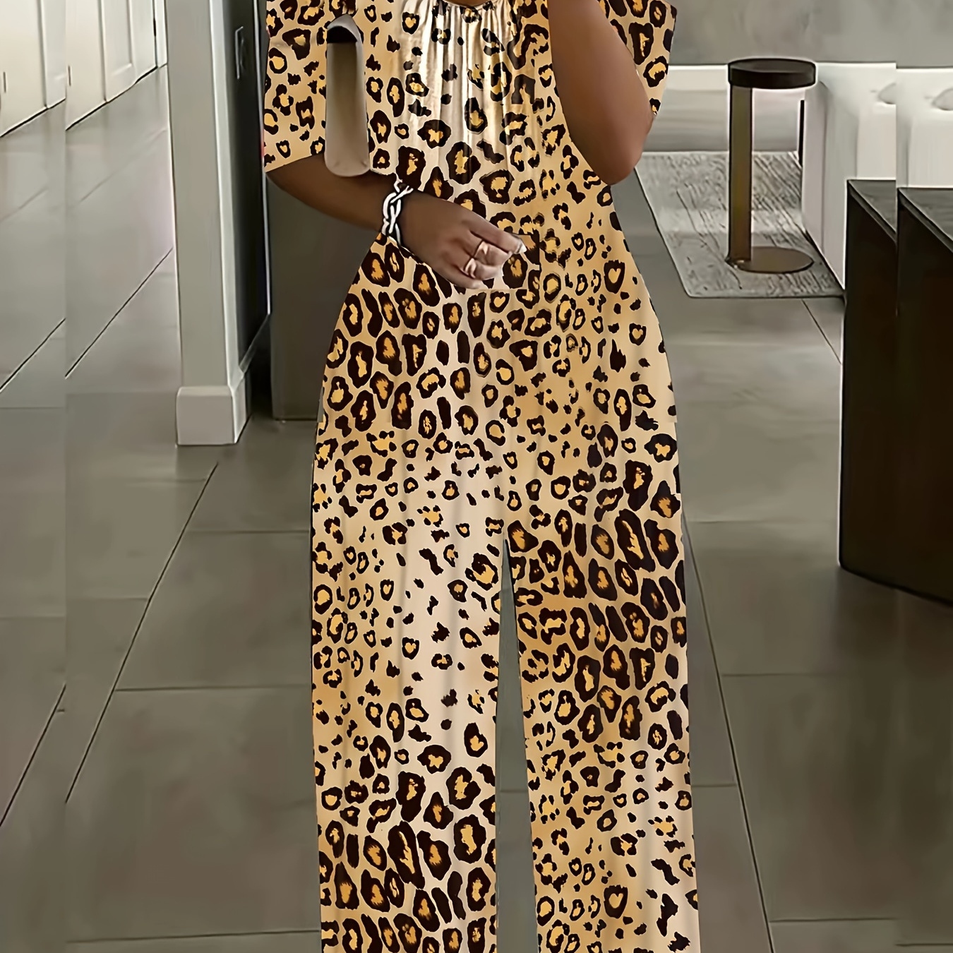 

Plus Size Leopard Print Cold Shoulder Jumpsuit, Casual Ruched Jumpsuit For Spring &summer, Women's Plus Size Clothing