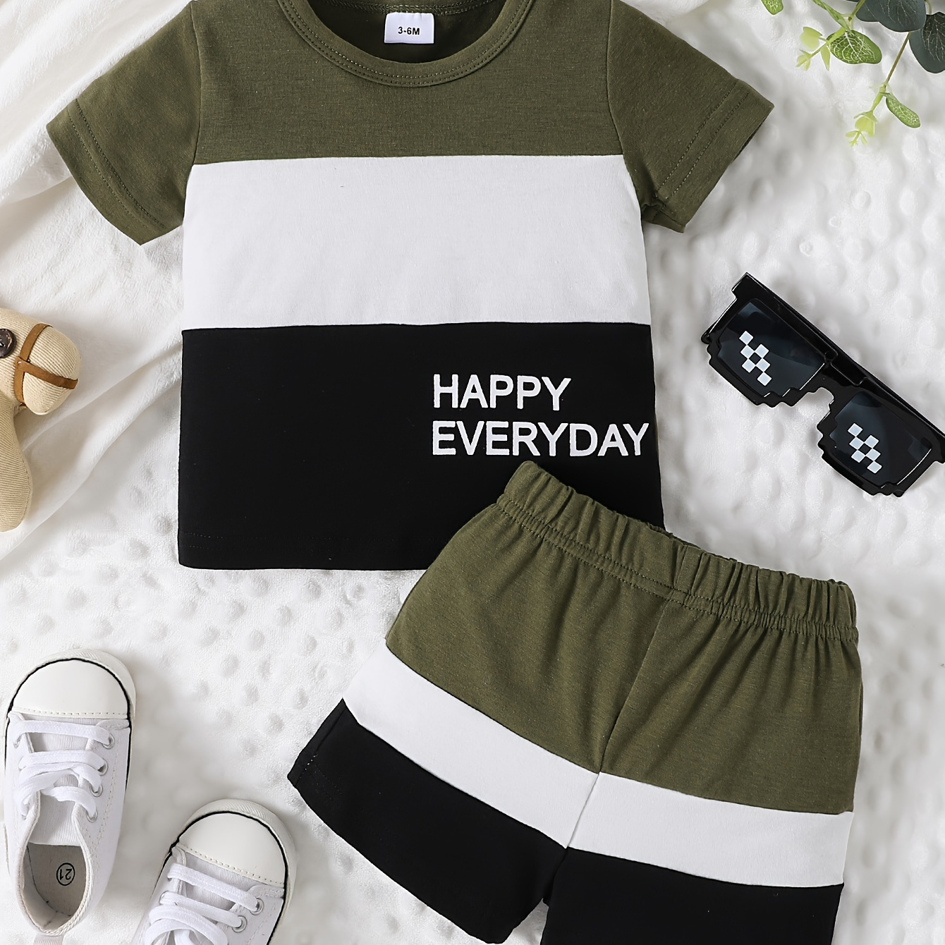 

Baby's Colorblock Stitching 2pcs Summer Casual Outfit, "happy Everyday" Print T-shirt & Shorts Set, Toddler & Infant Boy's Clothes