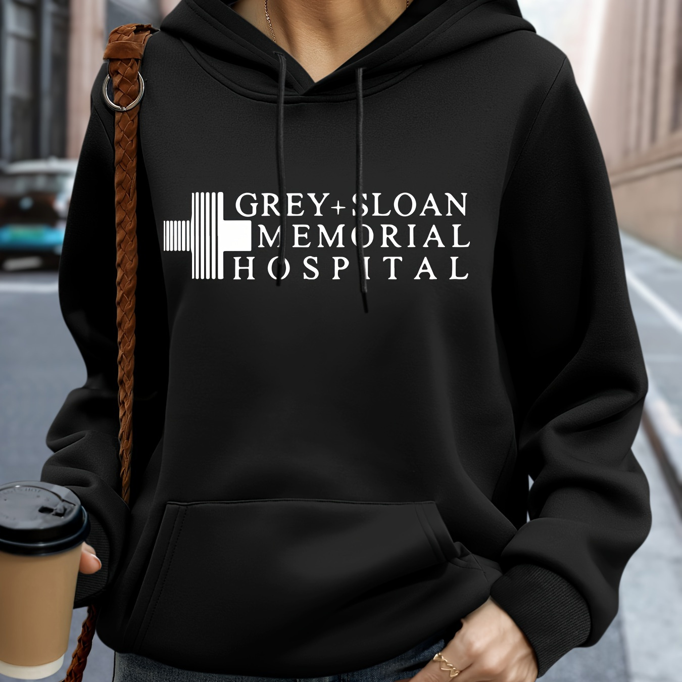 

[1pc Grey Memorial Hospital Hoodie] 1pc Grey Memorial Hospital Casual Pullover Hoodie, Polyester Knit Sweatshirt With Letter Print, Stretchy Autumn/winter Hooded Top