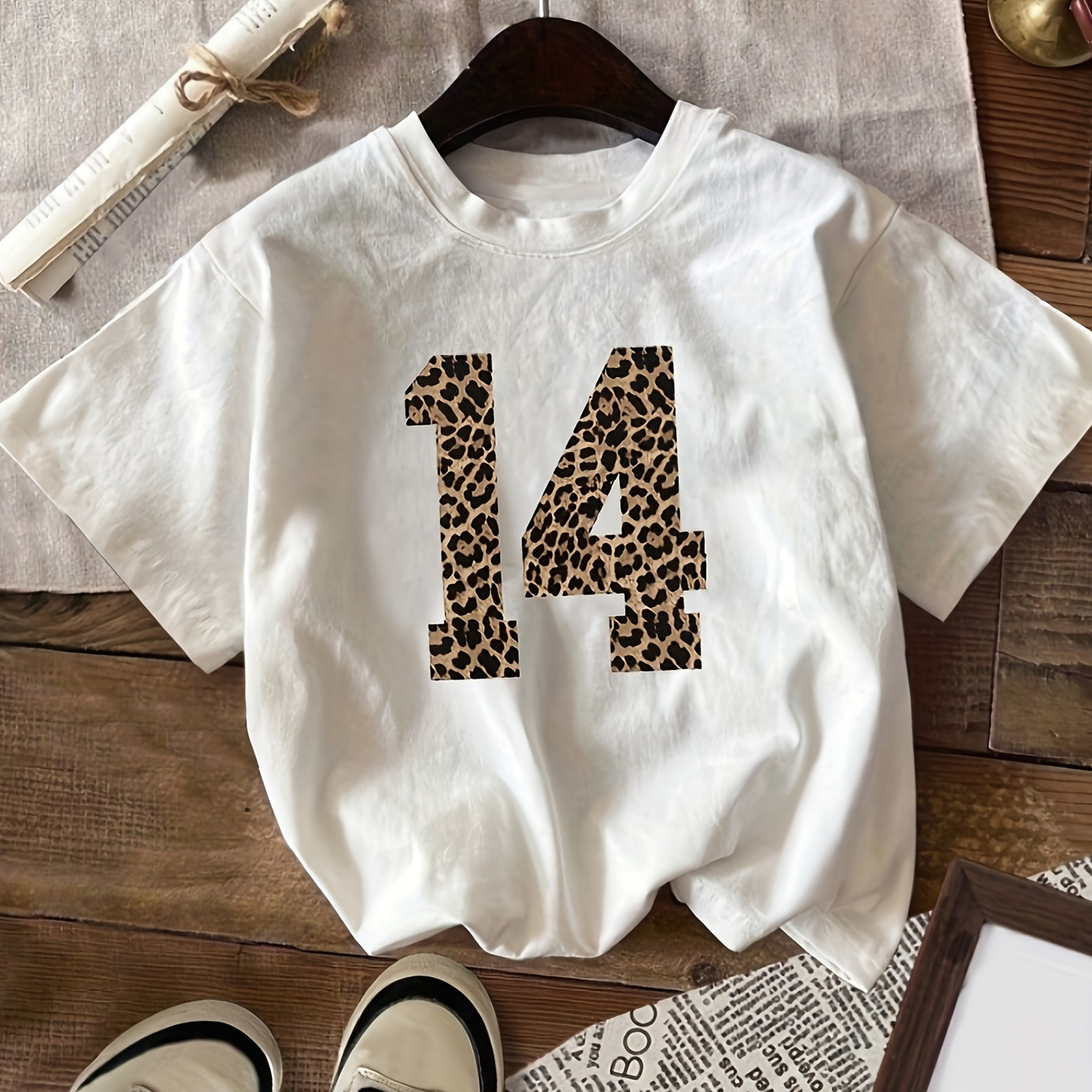 

Leopard Number Print T-shirt, Short Sleeve Crew Neck Casual Top For Summer & Spring, Women's Clothing