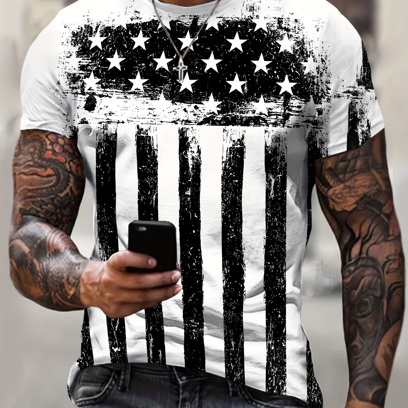 

Retro American Flag 3d Print Men's Short Sleeve Crew Neck T-shirt, Summer Outdoor Streetwear