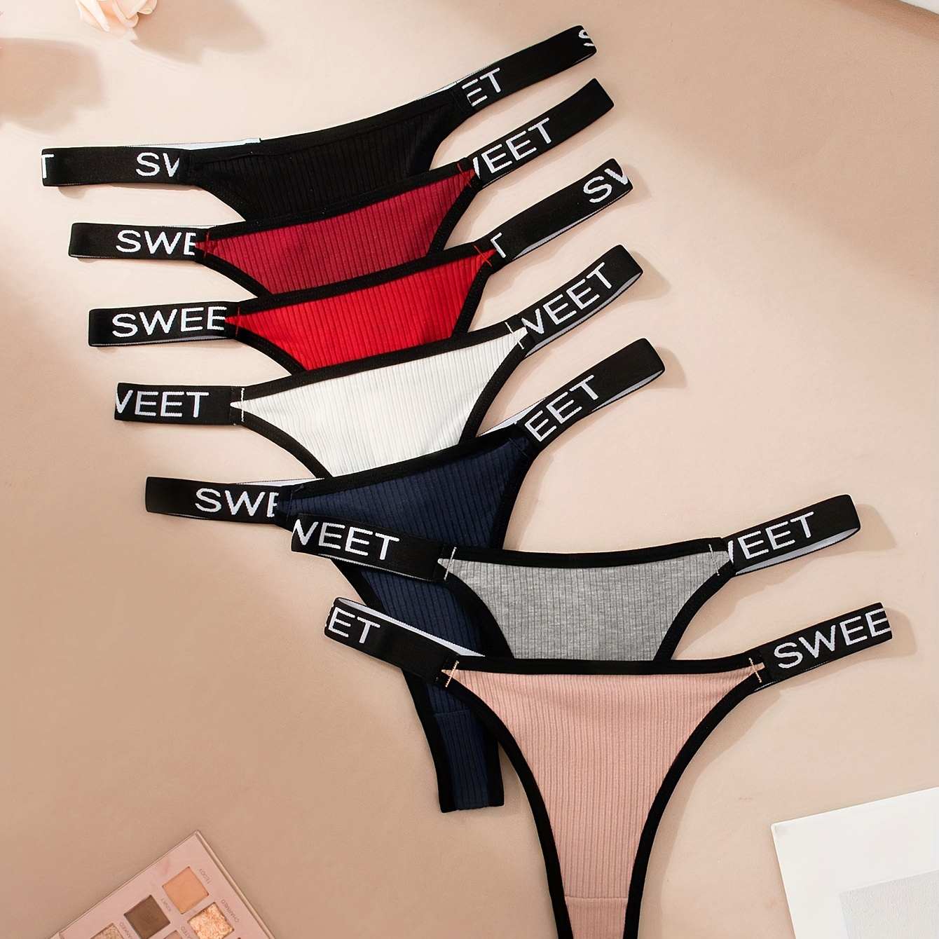 

7pcs Letter Tape Contrast Binding Thongs, Sexy Comfy Breathable Stretchy Intimates Panties, Women's Lingerie & Underwear