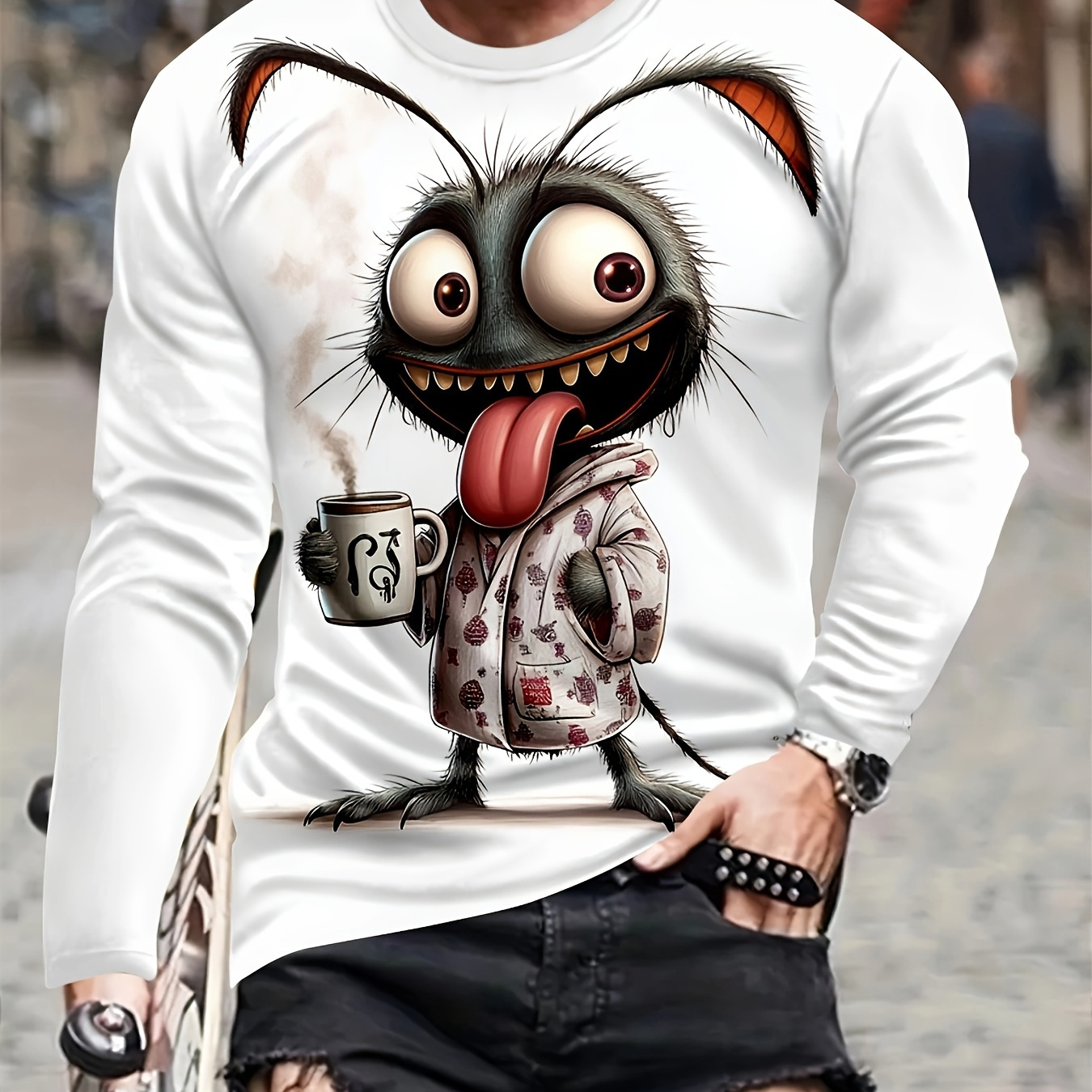 

Men's Casual Long Sleeve T-shirt With Print - Crew Neck, Polyester , Spring & Fall