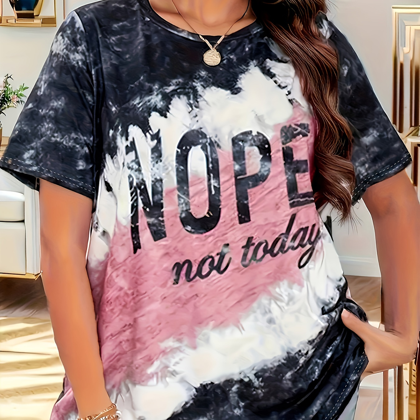

Plus Size Ink Painting Nope Not Today Print T-shirt, Casual Short Sleeve Crew Neck Top For Spring & Summer, Women's Plus Size Clothing
