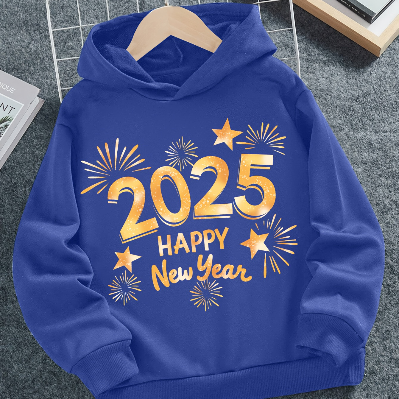 

Boys' 2025 Happy New Year Fireworks Print Hoodie - Casual Polyester Knit Fabric With Slight Stretch, Geometric Applique, Loose Fit Long Sleeve Pullover For Fall/winter