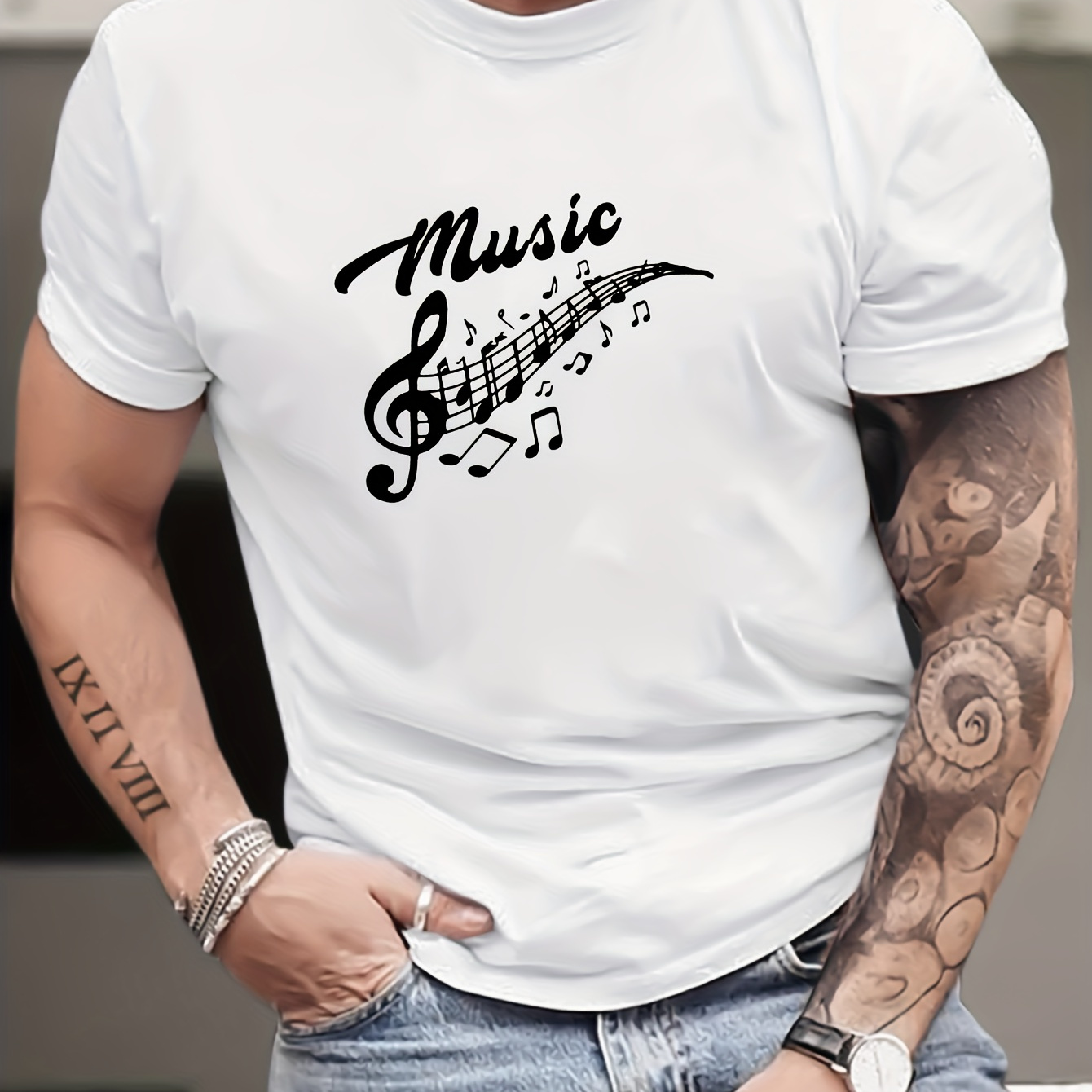 

Musical Notes Pattern Print Men's Crew Neck Short Sleeve Tees, Summer Trendy Cotton T-shirt, Casual Versatile Comfy Breathable Top For Outdoor Fitness, Holiday & Daily Commute