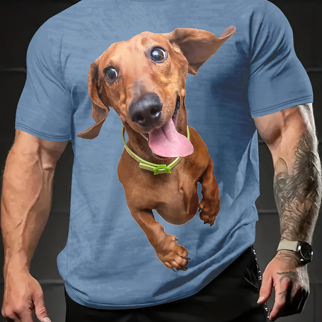 

New Fashion Dachshund 3d Printed Crew Neck Short Sleeve T-shirt For Men, Casual Summer T-shirt For Daily Wear And Vacation Resorts