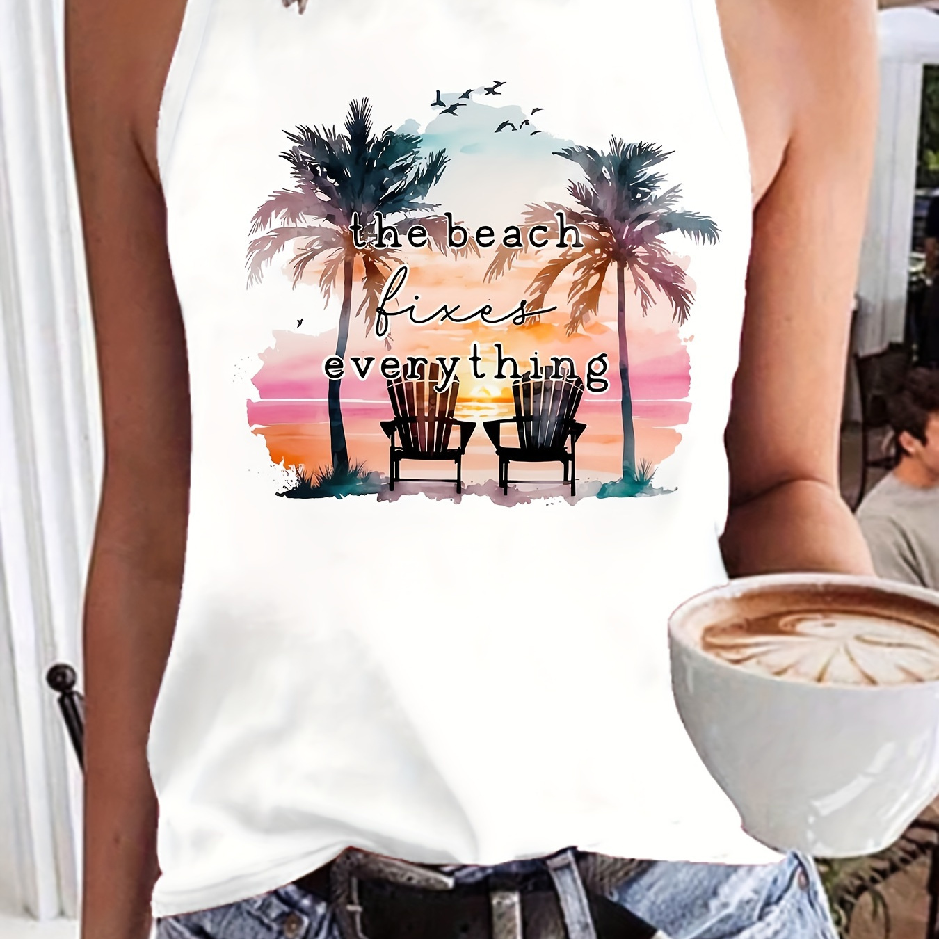 

Beach Coconut Tree Print Tank Top, Casual Sleeveless Crew Neck Tank Top For Summer, Women's Clothing