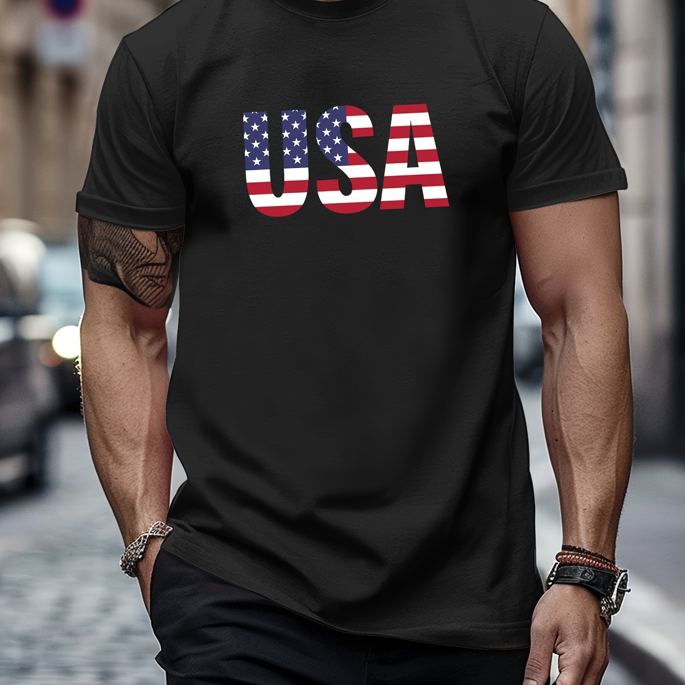 

Usa Flag Print, Men's Crew Neck Short Sleeve Tee Fashion Regular Fit T-shirt, Casual Comfy Breathable Top For Spring Summer Holiday Leisure Vacation Men's Clothing As Gift