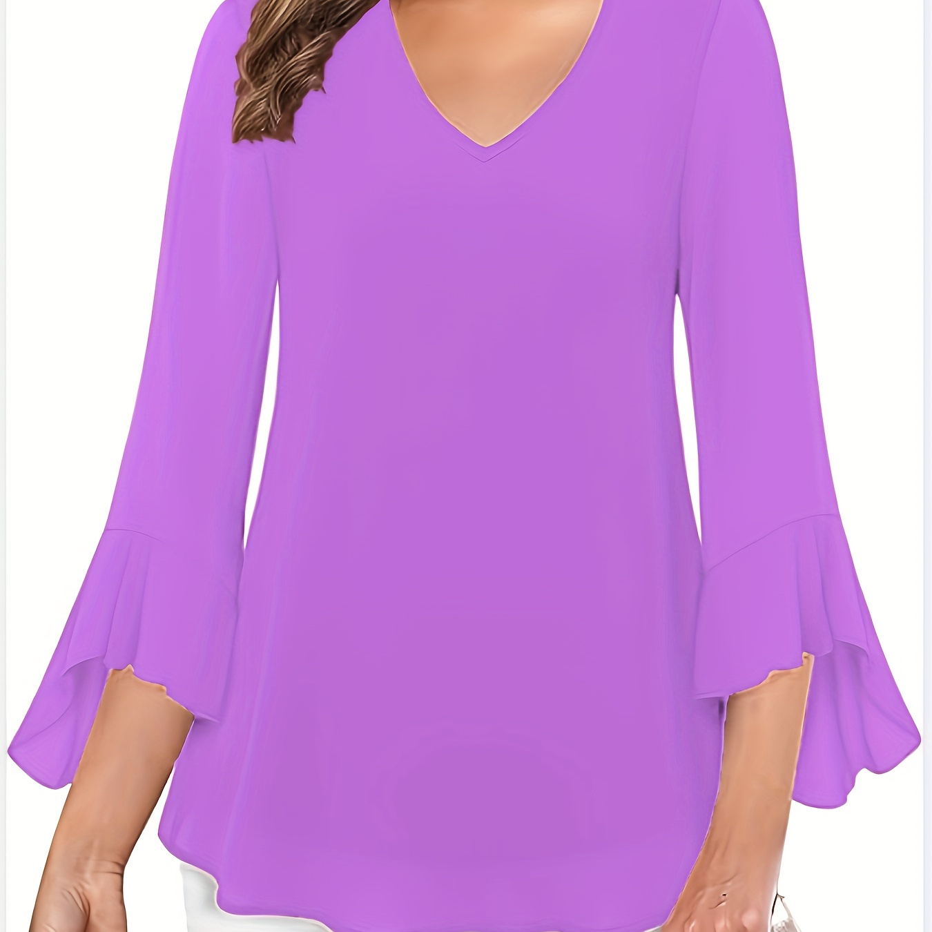 

Solid Color V-neck Blouse, Elegant Flare Sleeve Blouse Top For Spring & Summer, Women's Clothing