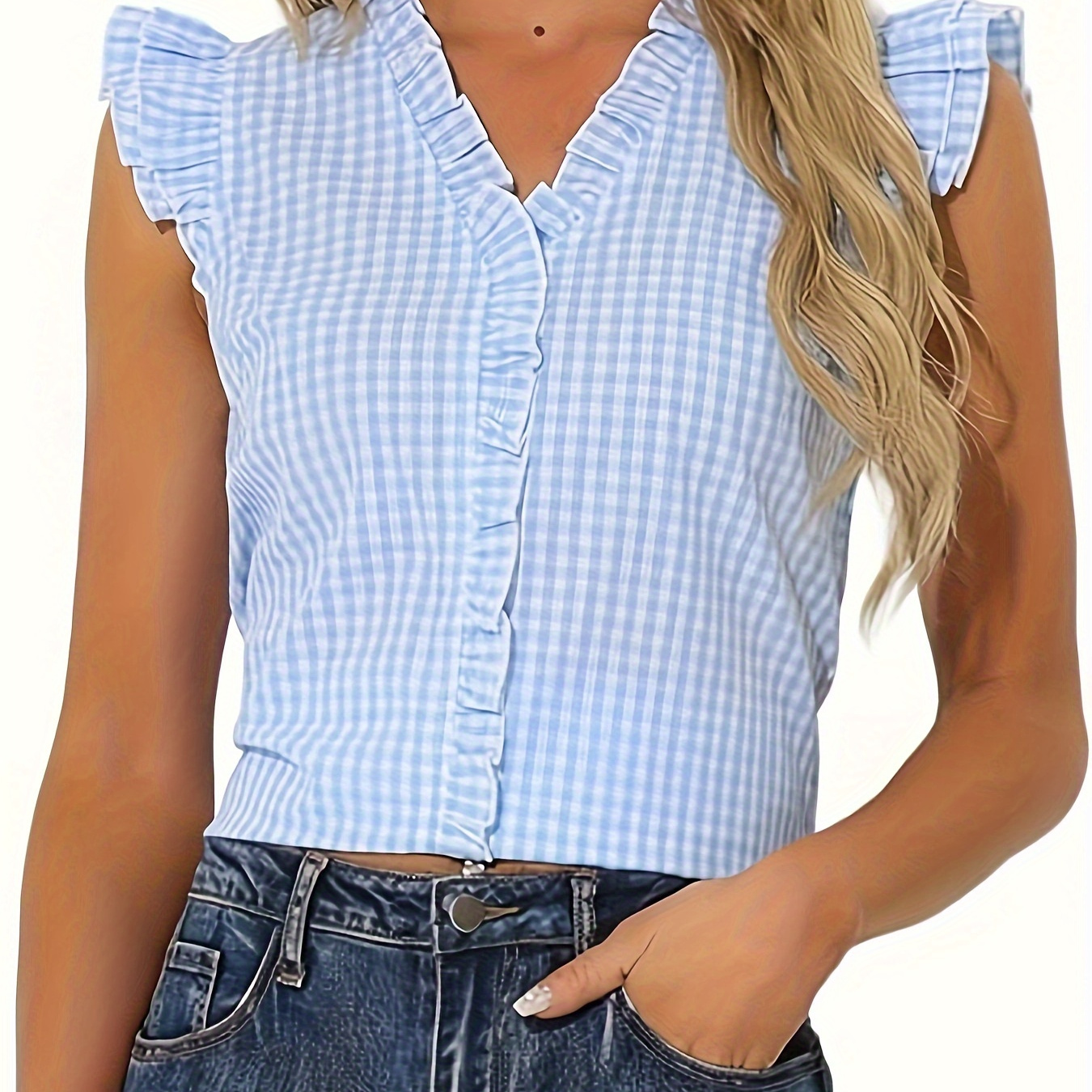 

Plaid Pattern V Neck Blouse, Casual Ruffle Trim Cap Sleeve Top For Spring & Summer, Women's Clothing