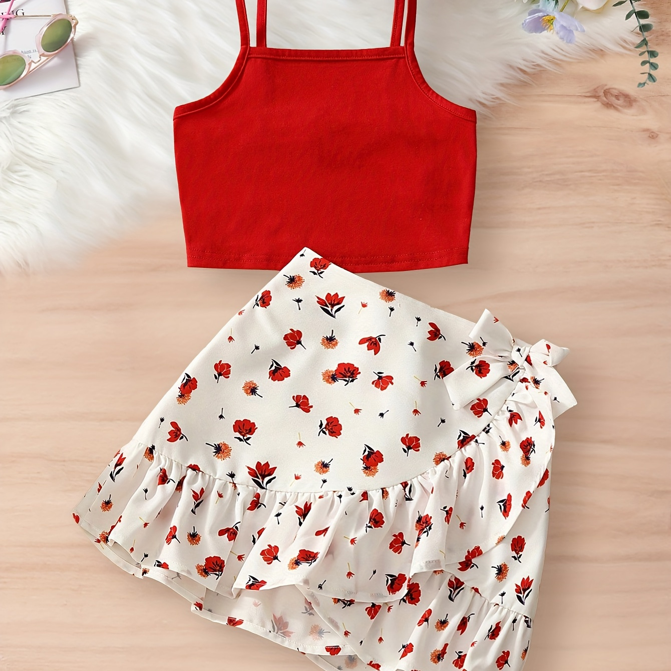 TEMU 2pcs, Solid Color Cami Top + Bow Decor Floral Print Frill Trim Skirt Set For Girls, Casual And Cute Holiday Set Summer Gift, Girls' Clothing