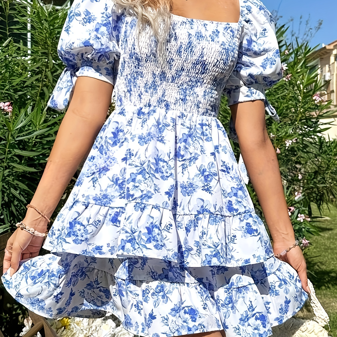 

Floral Print Shirred Bust Square Neck Dress, Vacation Style Puff Sleeve Layered Hem Dress For Spring & Summer, Women's Clothing