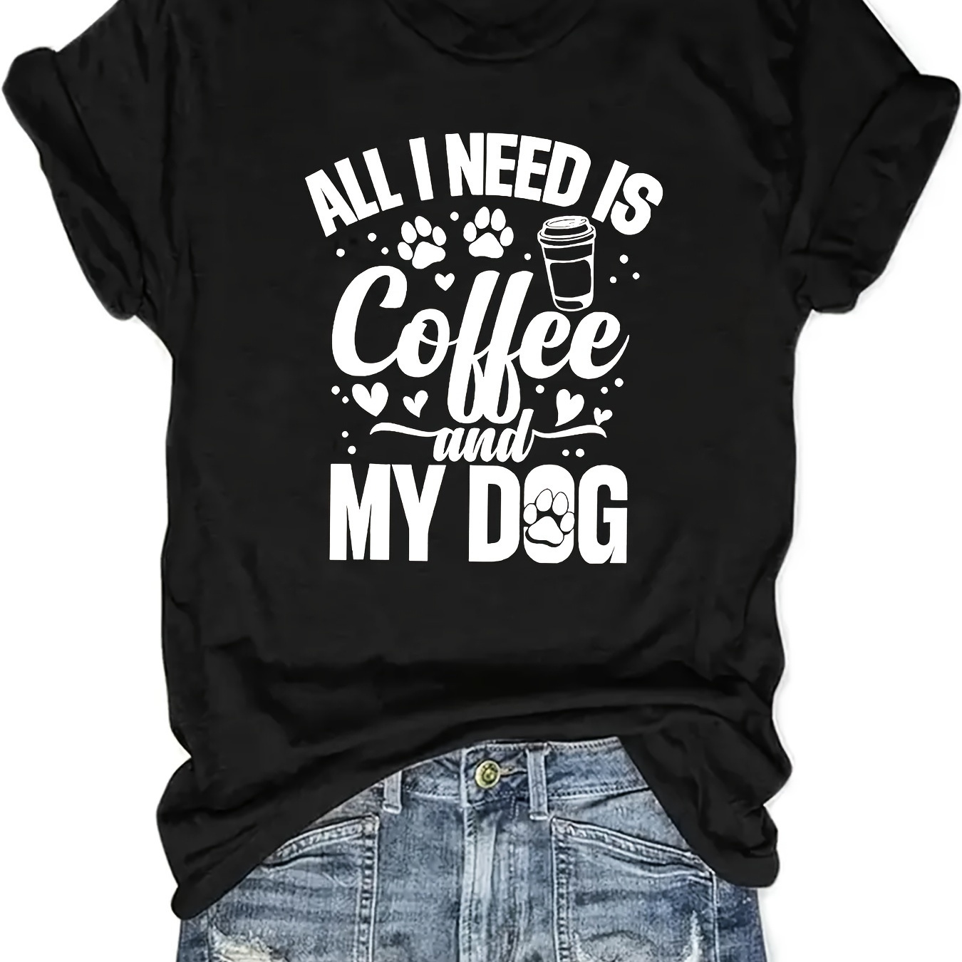 

1pc Women's Casual Polyester T-shirt With " Is Coffee And My Dog" Letter Print, Crew Neck, Short Sleeve, Knit Fabric With Slight Stretch, Regular Fit, Top