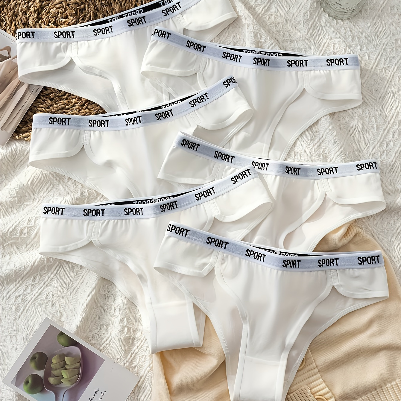 

Lot de 6 Strings en Coton pour Femmes - Respirants, Confortables avec Bande de Taille à Lettres, Taille Basse, Couleur Unie