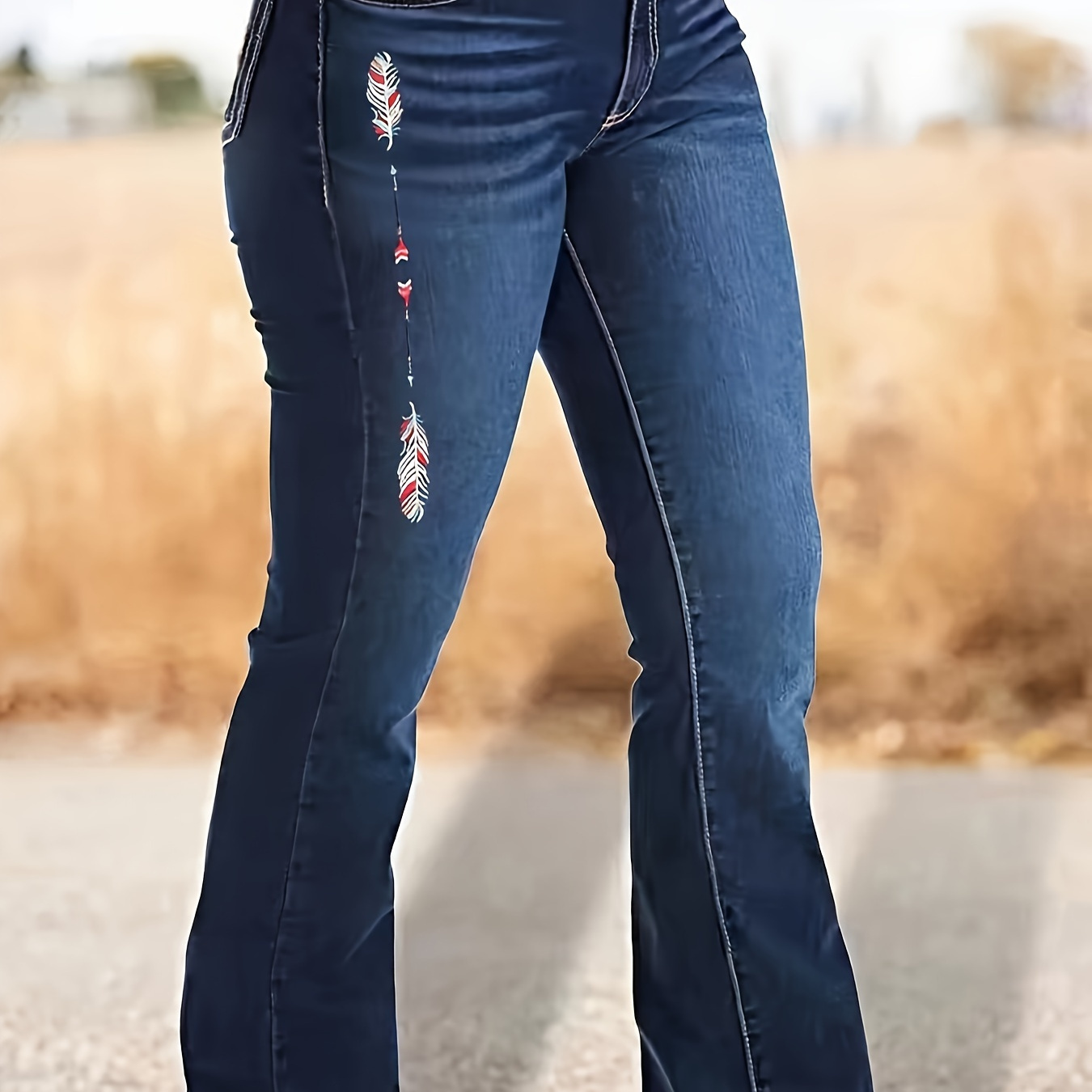 

Feather Embroidery Whiskering Bootcut Jeans, Medium Stretch Retro Cowgirl Style Flare Leg Denim Pants, Women's Denim Jeans & Clothing Suit For Autumn