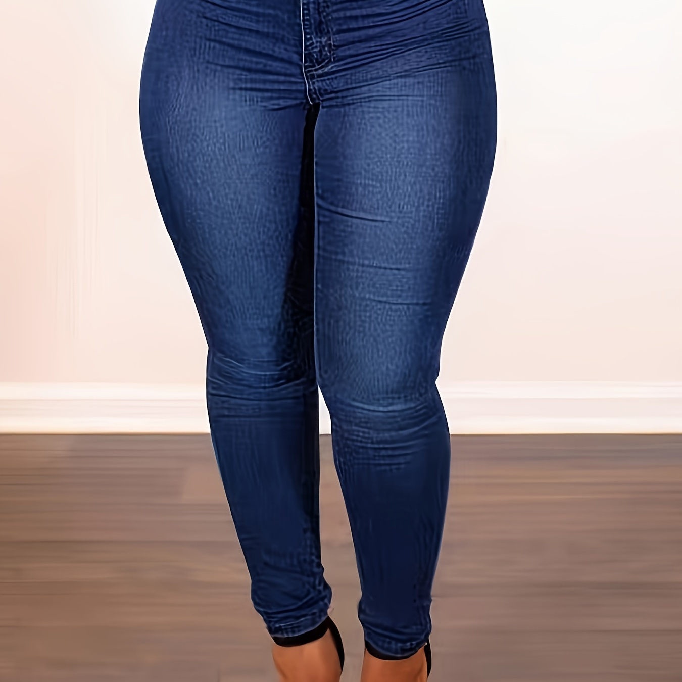 

Women's Casual Jeans, Plus Size Plain Washed Blue Stretchy Zipper Button Closure Skinny Fit Denim Pants
